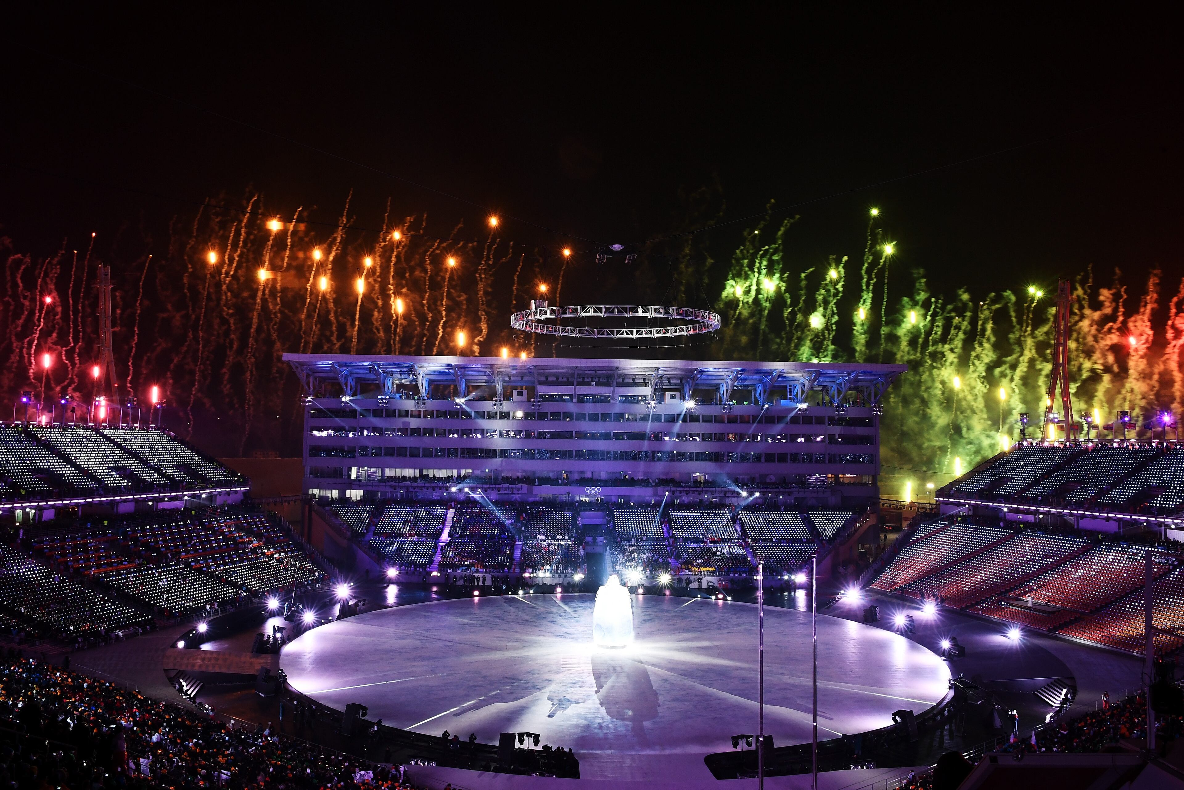 PYEONGCHANG-GUN, SOUTH KOREA - FEBRUARY 09: Fireworks erupt during the Opening Ceremony of the PyeongChang 2018 Winter Olympic Games at PyeongChang Olympic Stadium on February 9, 2018 in Pyeongchang-gun, South Korea. (Photo by Pool - Frank Fife/Getty Images)
