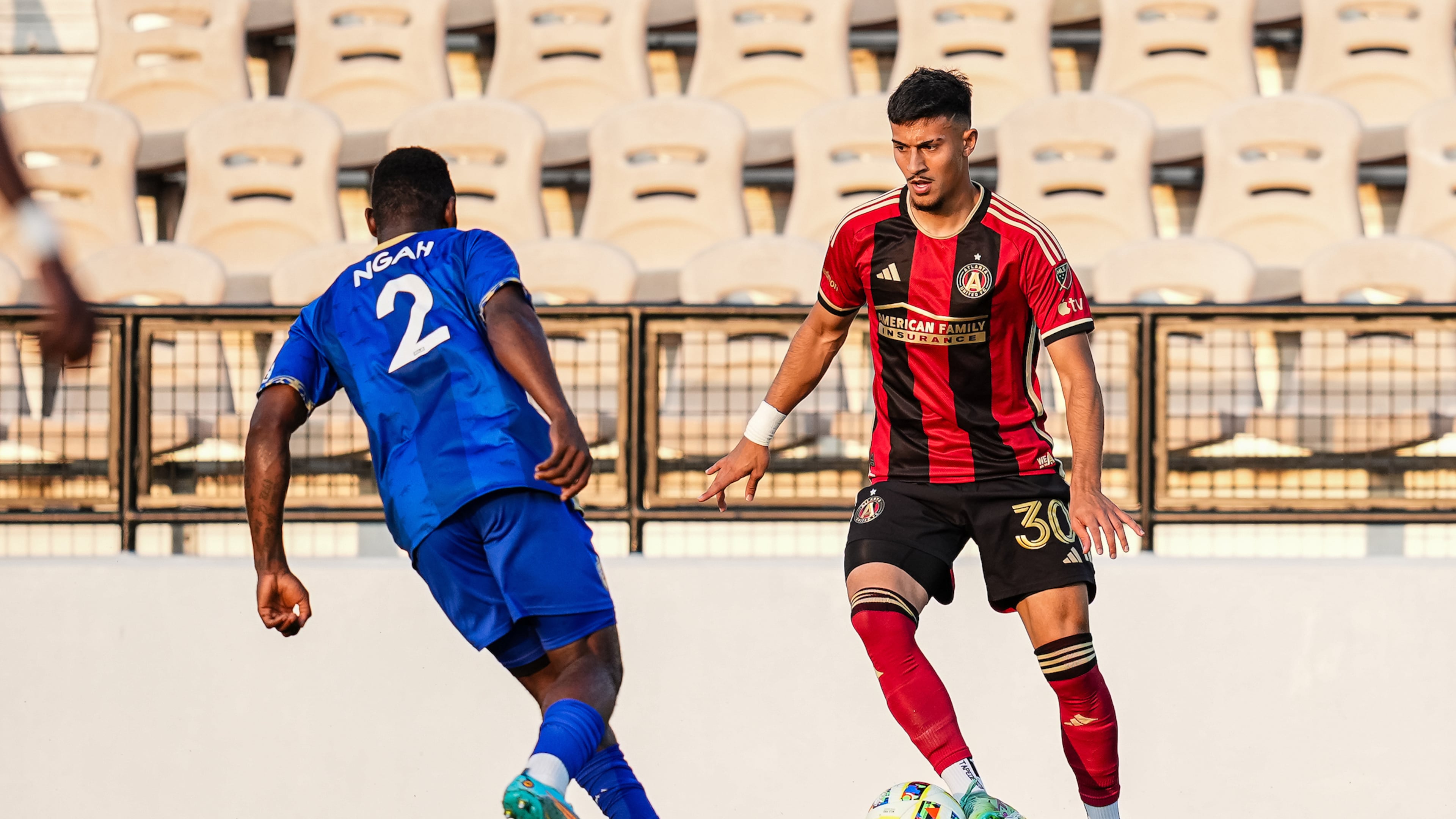 Atlanta United midfielder Nick Firmino #30 dribbles the ball during the US Open Cup match against the Charlotte Independence at Fifth Third Bank Stadium in Kennesaw, GA on Tuesday May 7, 2024. (Photo by Madelaina Polk/Atlanta United)