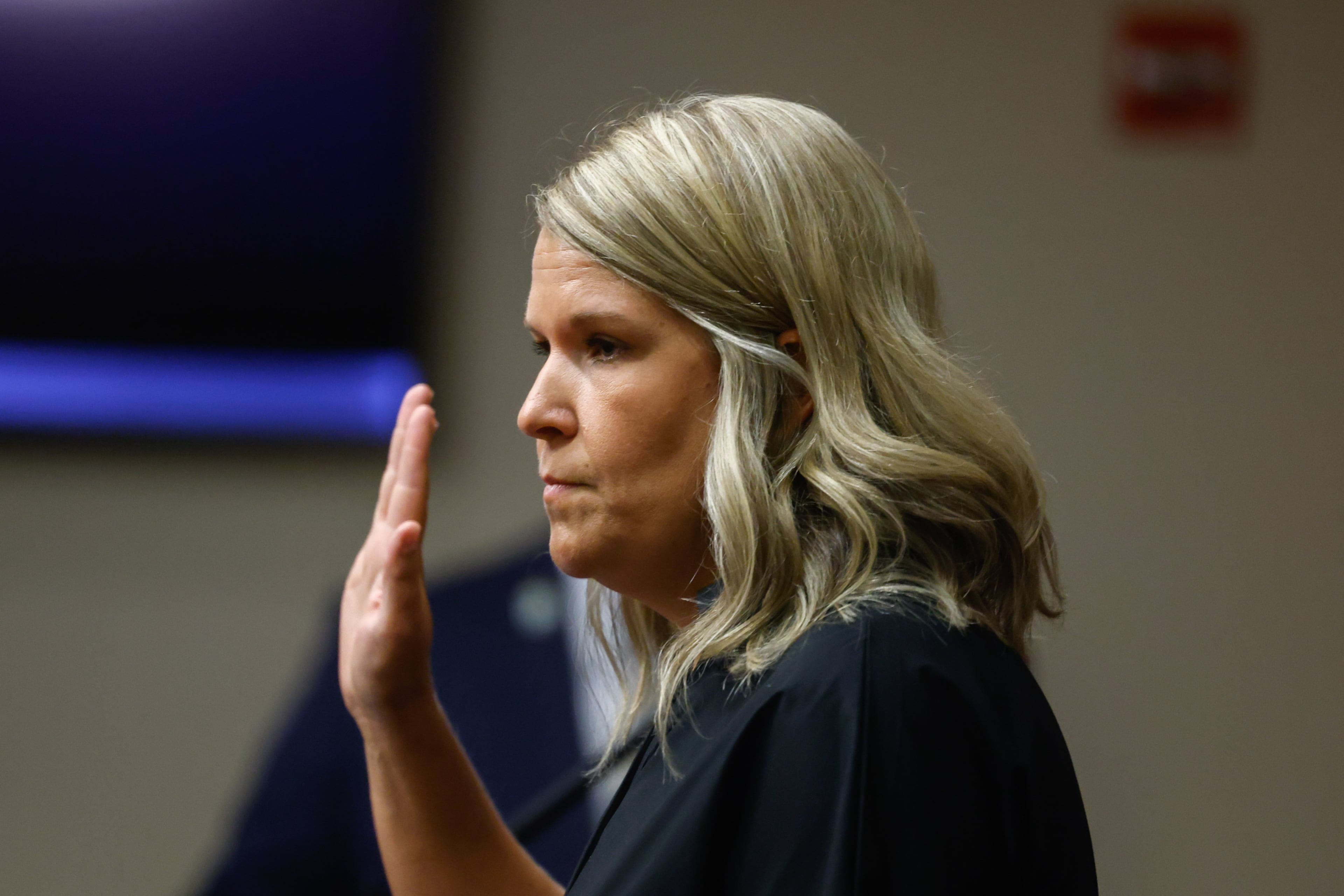 Shayna Aspinwall, wife of Richard Aspinwall, testifies during the plea hearing for Colt Gray, the 16-year-old Apalachee High School shooting suspect, at Barrow County Superior Court on Friday, July 24, 2026, in Winder. Gray pleaded guilty. (Arvin Temkar/AJC)