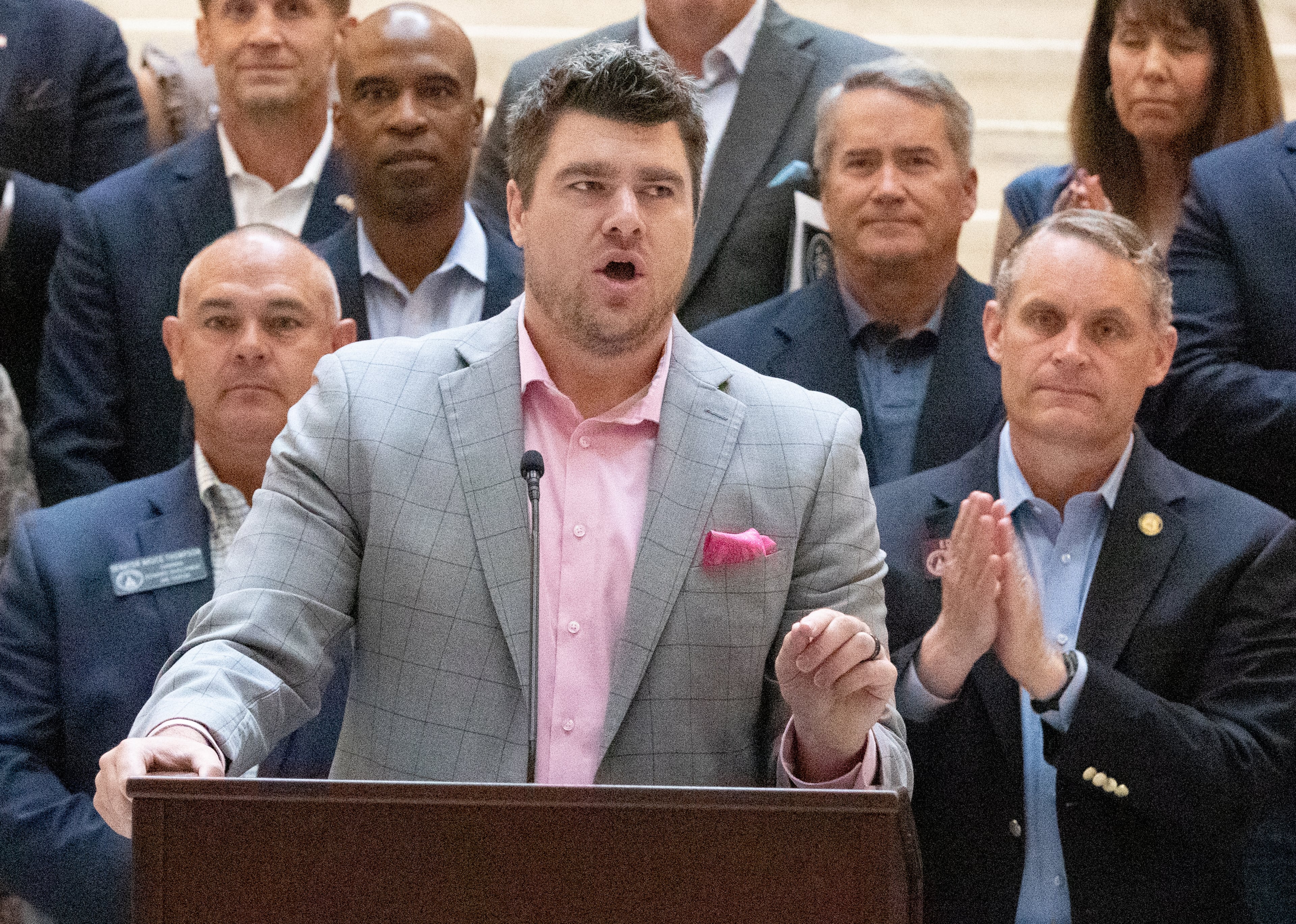 Frontline Policy president Cole Muzio speaks at an anti-abortion press conference in the state capital Friday, May 6, 2022.