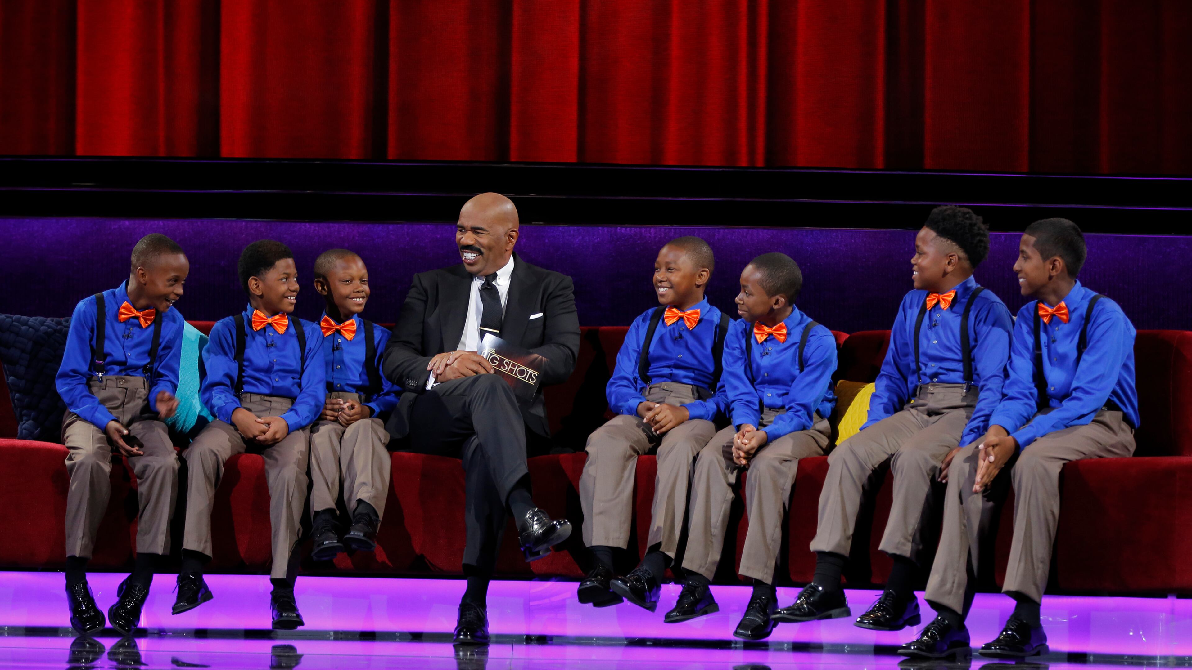 LITTLE BIG SHOTS -- "Little Big Steppers" Episode 209 -- Pictured: (l-r) Boyz II Bowties, Steve Harvey (center) -- (Photo by: Paul Drinkwater/NBC)