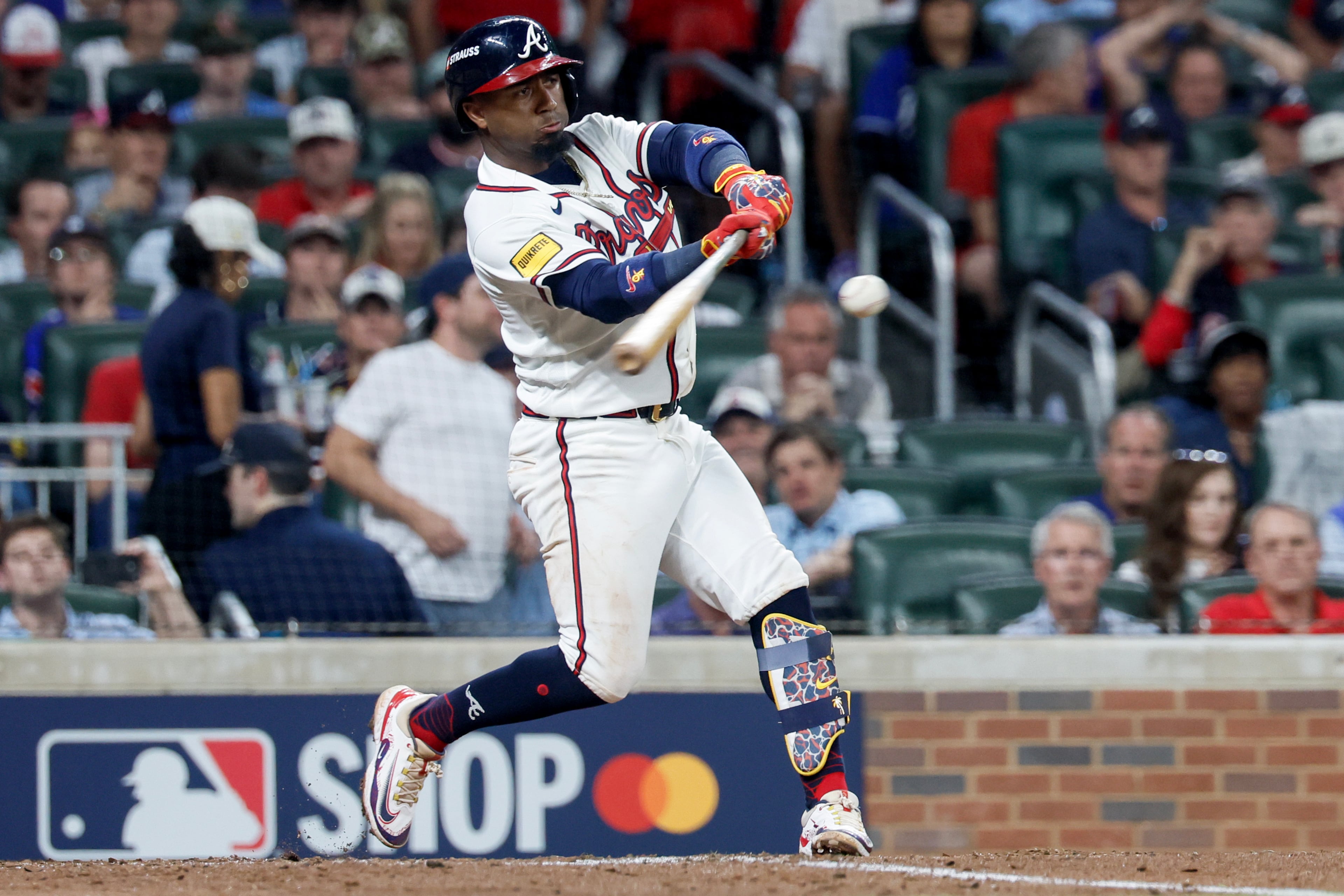 Atlanta Braves' Ozzie Albies (1) hits a double against the Los Angeles Dodgers during the sixth inning of Game 4 of the MLB National League Division Series between the Atlanta Braves and the Los Angeles Dodgers, Wednesday, Oct. 7, 2026, in Atlanta. (Miguel Martinez/AJC)
