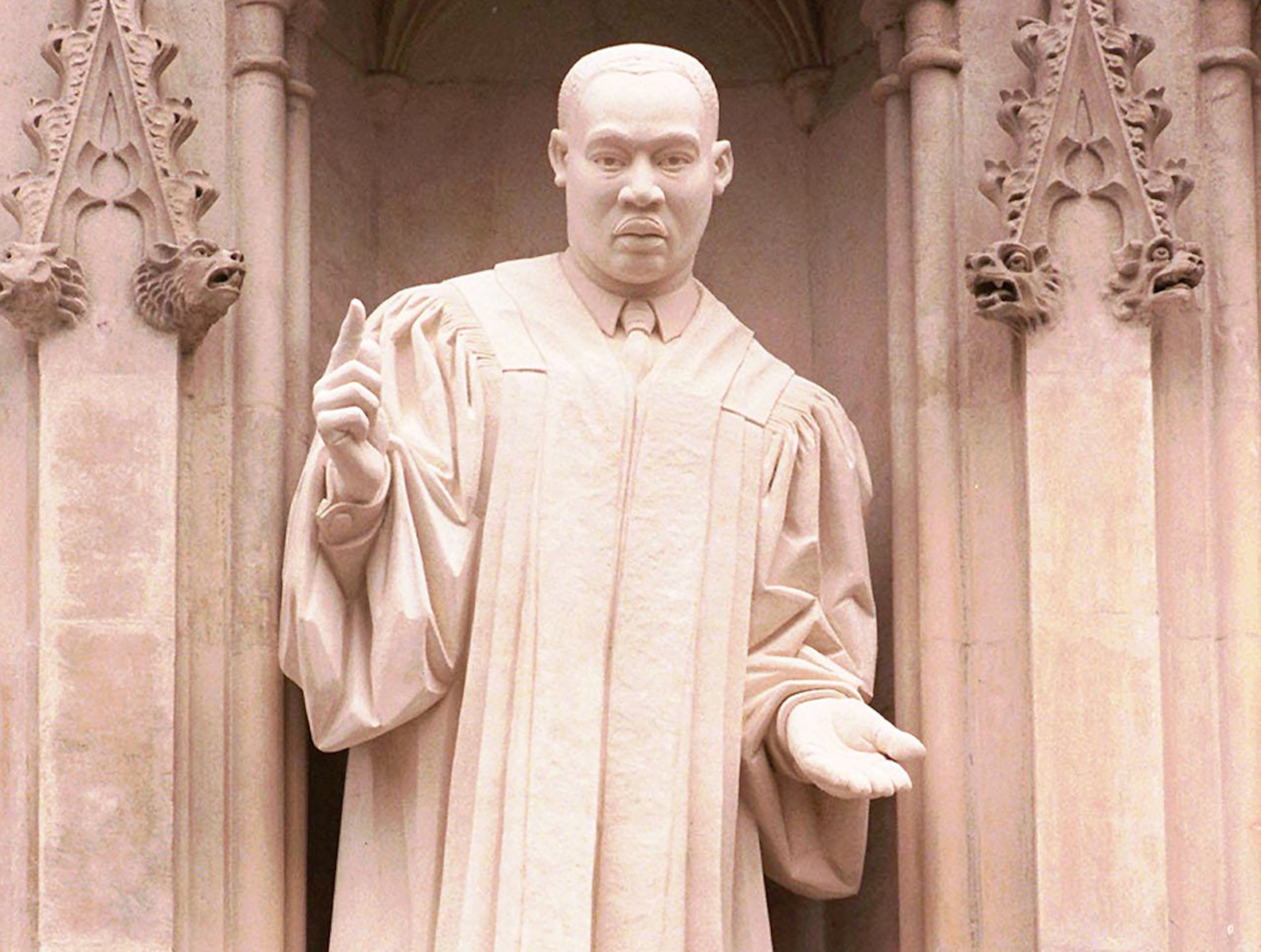 The MLK carving above the Great West Door of Westminster Abbey in London. (John Stillwell / AP)
