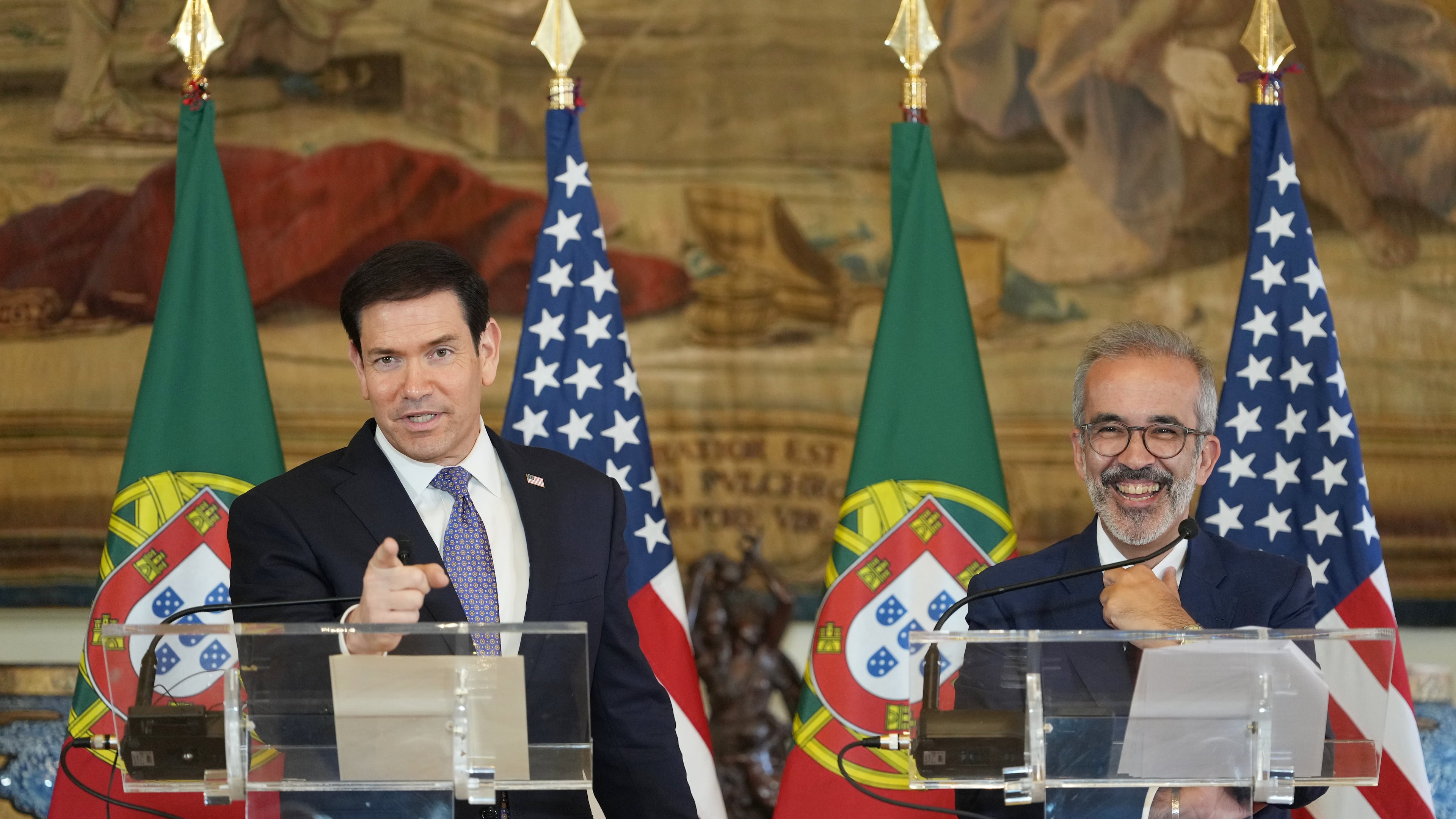 U.S. Secretary of State Marco Rubio speaks during a joint press conference with Portugal's Foreign Minister Paulo Rangel, Thursday, Oct. 8, 2026, at the Necessidades Palace, the Portuguese foreign ministry, in Lisbon. (AP Photo/Mark Schiefelbein, Pool)