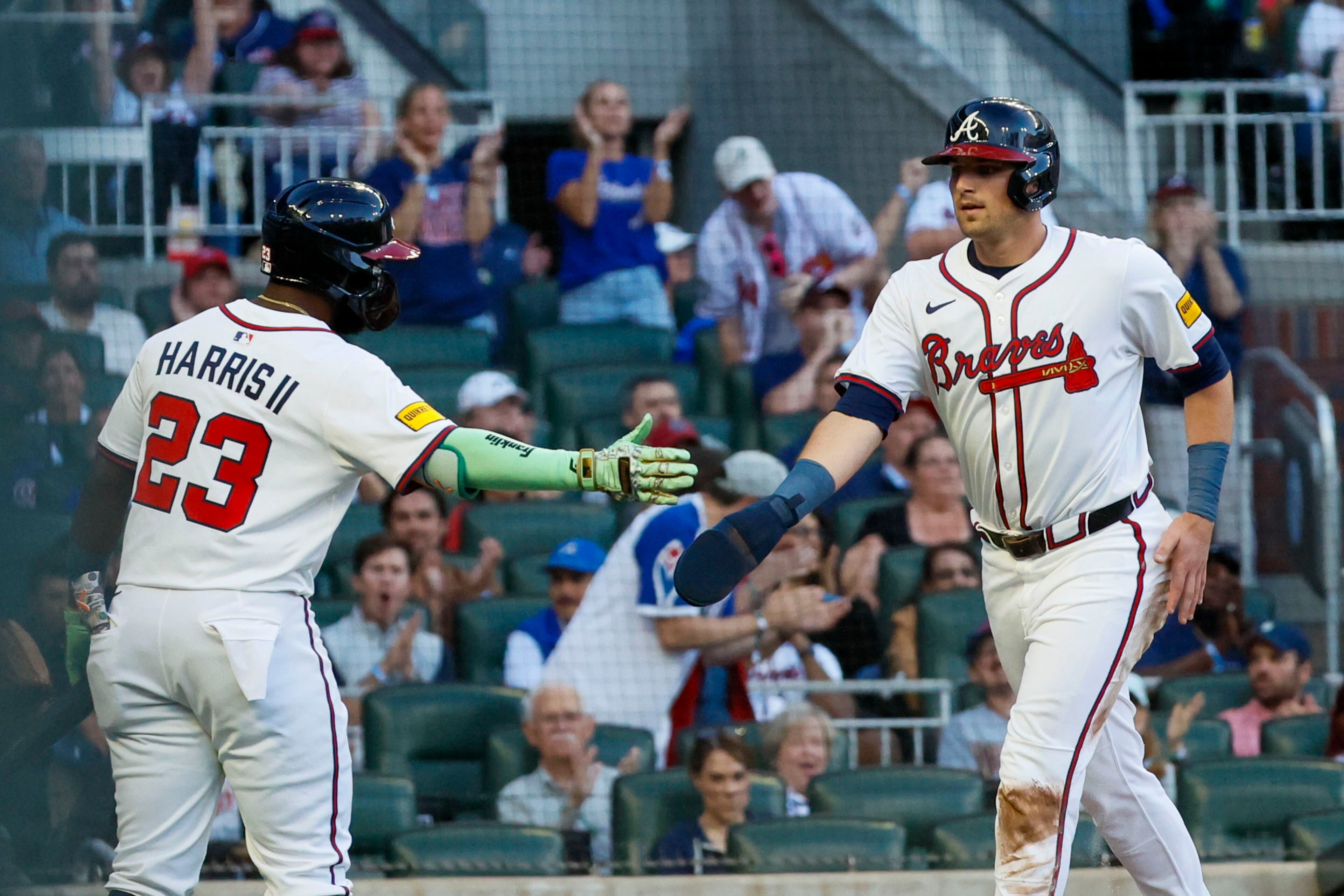 Atlanta Braves third base Austin Riley (27) is congratulated by Atlanta Braves outfielder Michael Harris II (23) after scoring the teeam’s first run during the third inning against the Washington Nationals on Monday, May 12, 2025, in Atlanta.
(Miguel Martinez/ AJC)