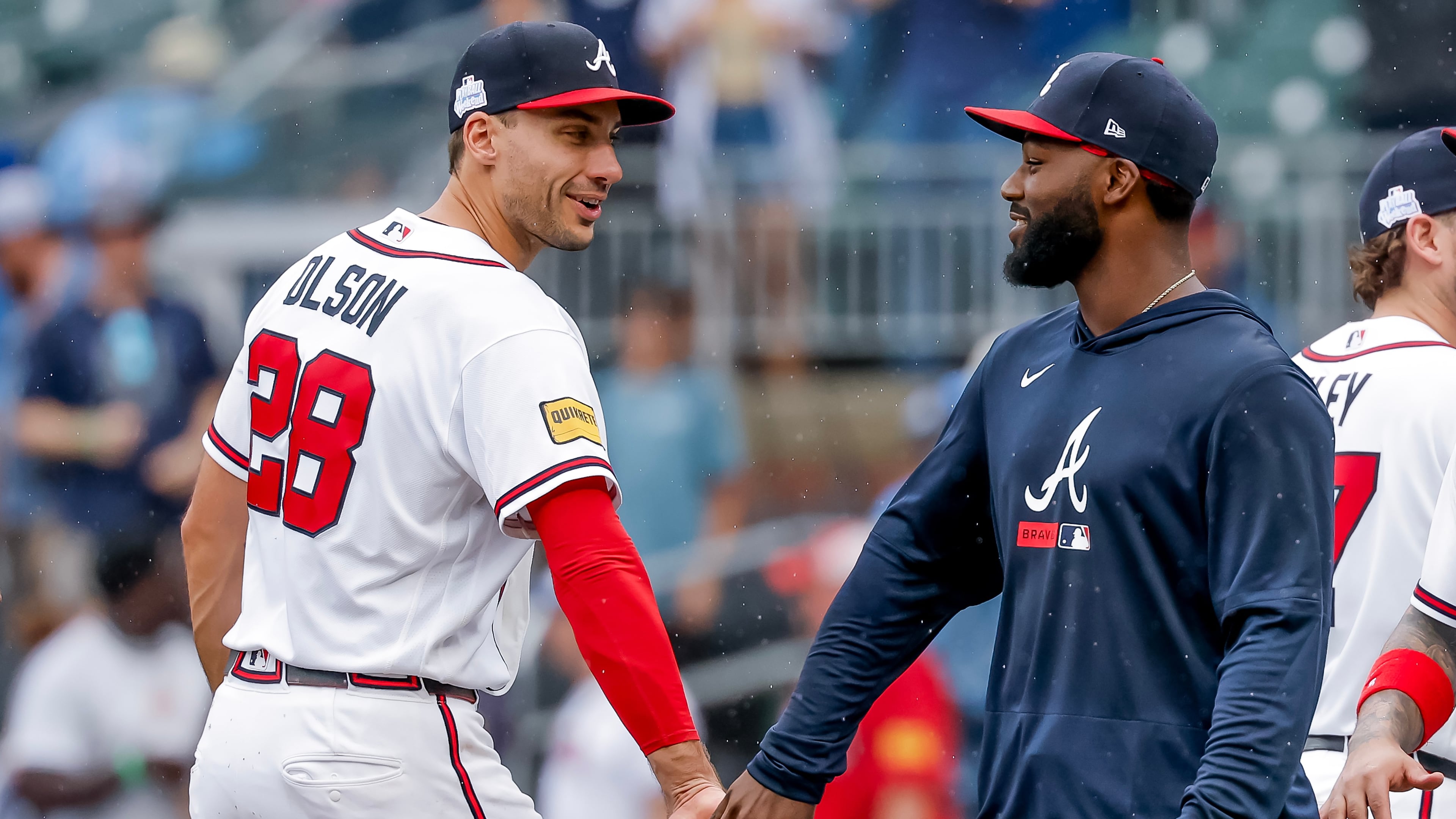 Braves first baseman Matt Olson (left) and outfielder Michael Harris II — pictured celebrating Atlanta's win over the Pirates on Sunday, June 7, 2026 — are among the handful of Braves who seem to be locks to make the All-Star Game. (AP Photo/Erik S. Lesser)