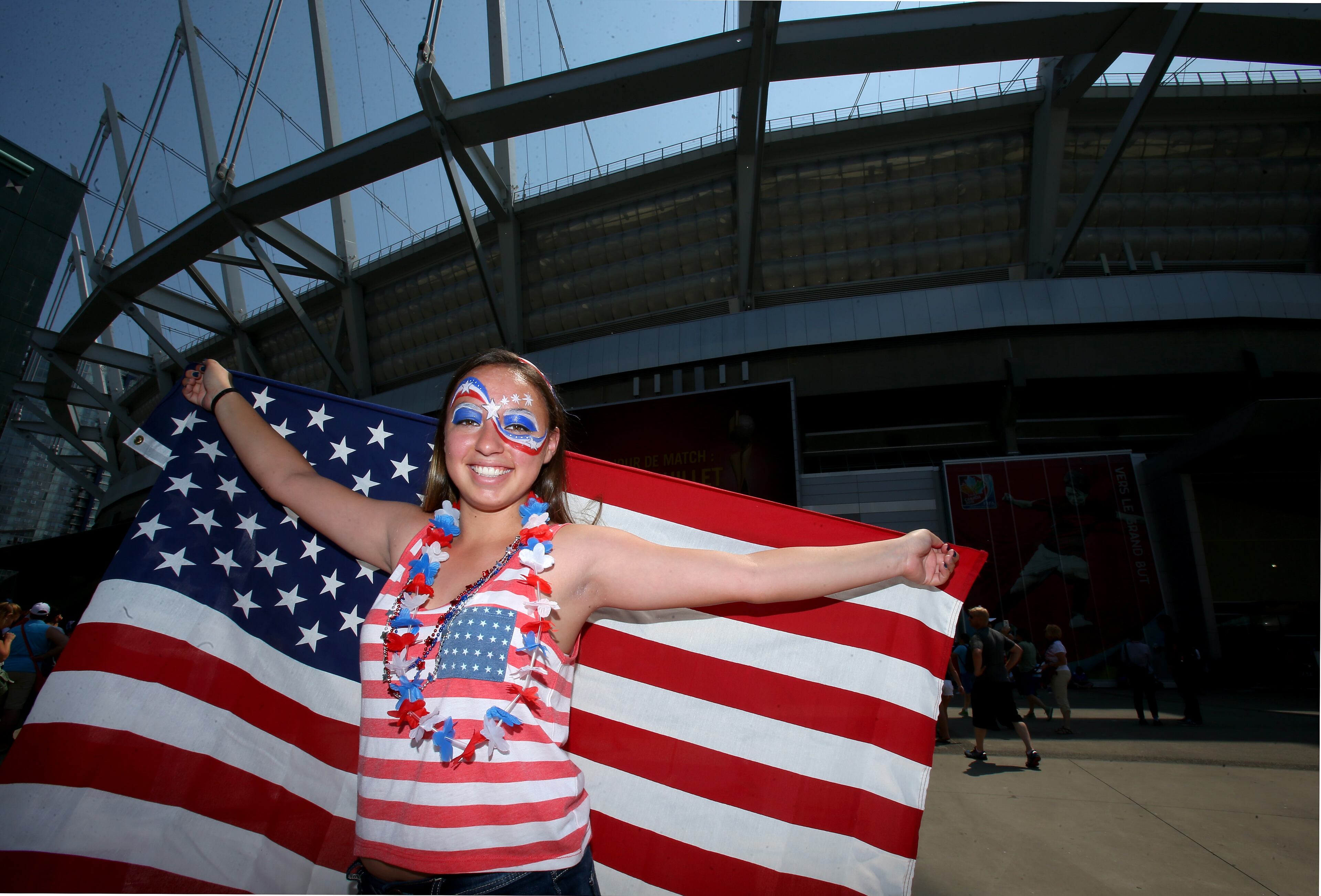 VANCOUVER, BC - JULY 05: A fan of the United States poses outside BC Place Stadium before the USA takes on Japan in the FIFA Women's World Cup Canada 2015 Final on July 5, 2015 in Vancouver, Canada. (Photo by Ronald Martinez/Getty Images)