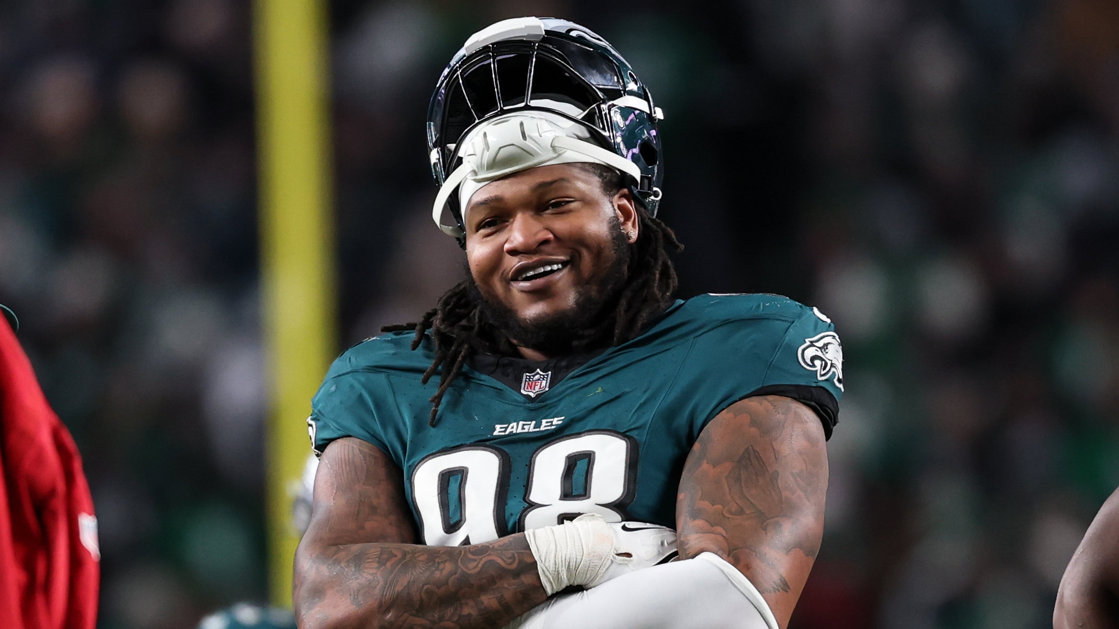 FILE - Philadelphia Eagles defensive tackle Jalen Carter (98) looks on between plays during the second half of an NFL wild card playoff football game against the San Francisco 49ers, Sunday, Jan. 11, 2026, in Philadelphia. (AP Photo/Terrance Williams, File)