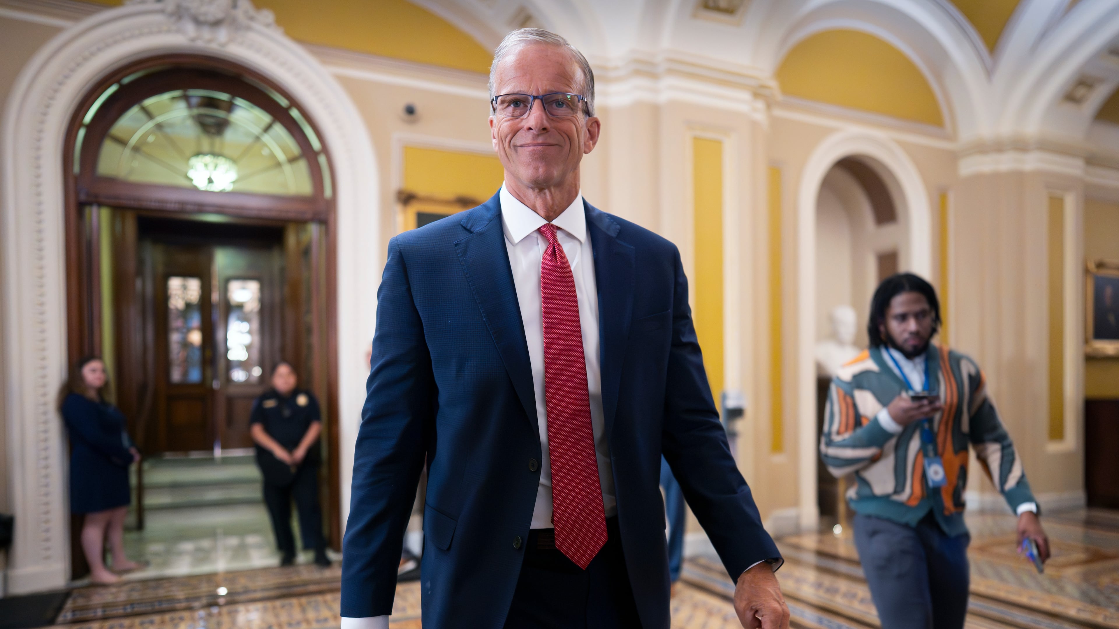 Senate Majority Leader John Thune, R-S.D., walks from the chamber to his office at the Capitol in Washington, Tuesday, June 16, 2026. (AP Photo/J. Scott Applewhite)