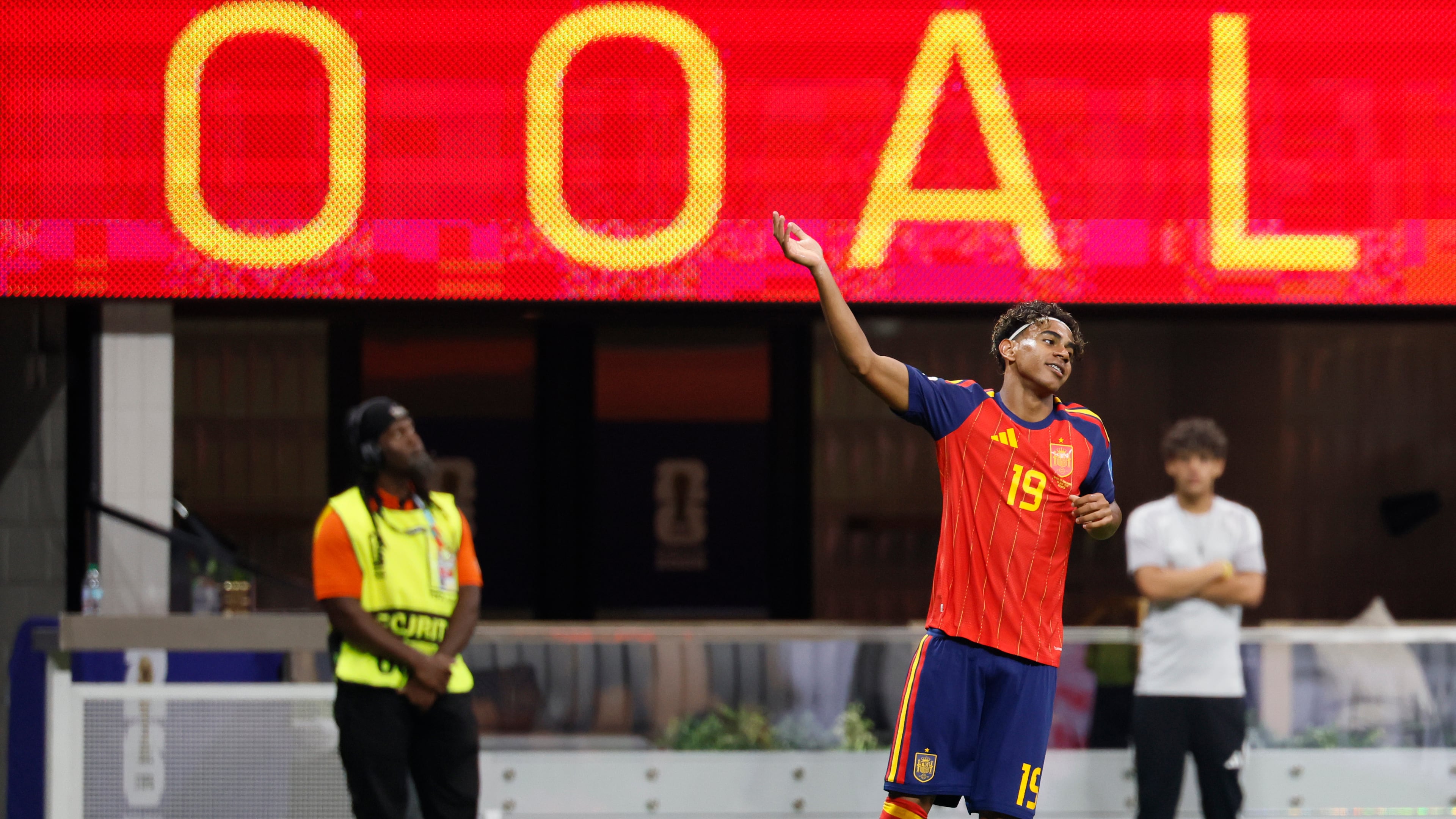Spain's Lamine Yamal celebrates his goal around the 10-minute mark during the first half of Spain vs. Saudi Arabia at Atlanta Stadium (Mercedes-Benz Stadium) on Sunday, June 21, 2026. (Miguel Martinez/AJC)