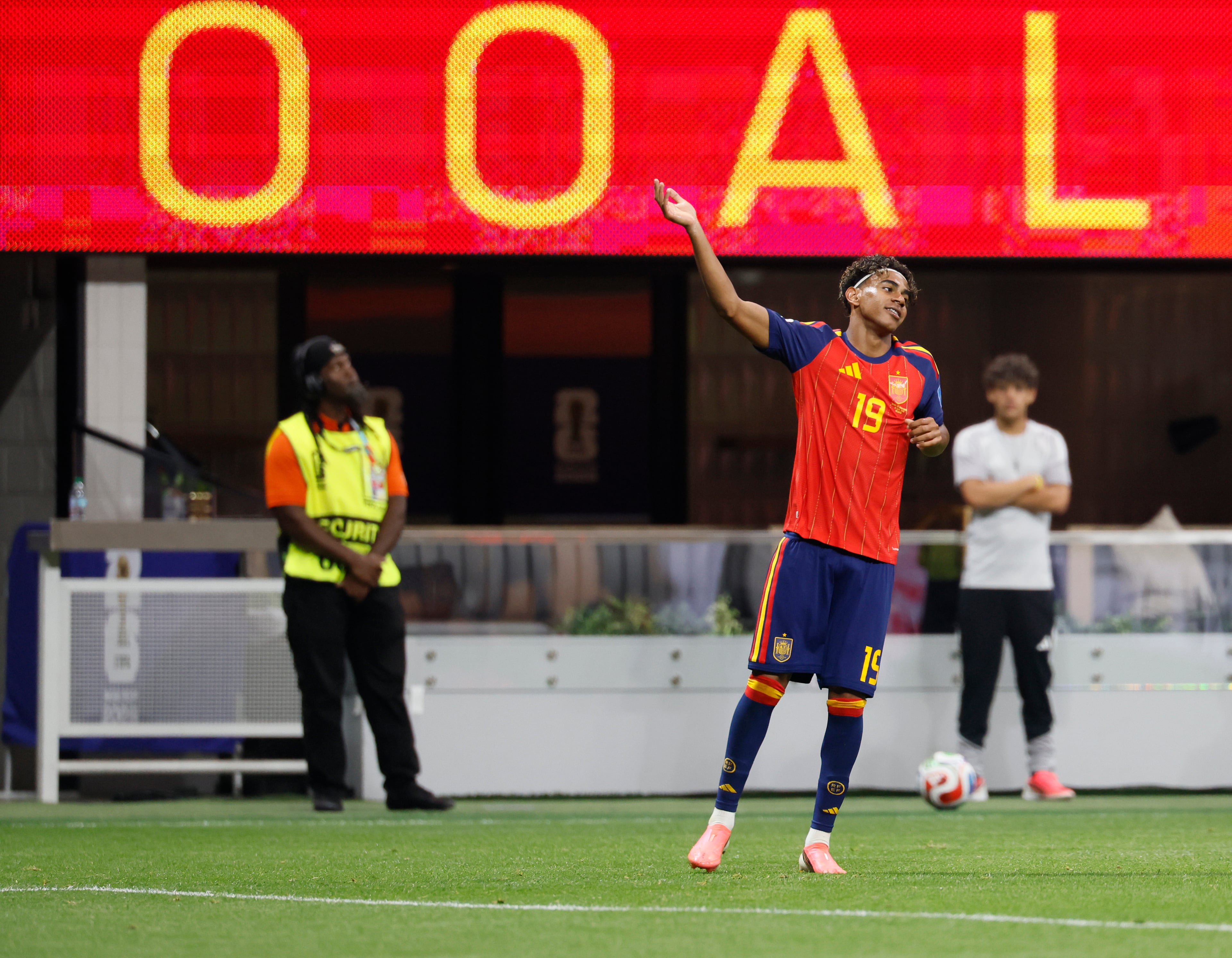 Spain's Lamine Yamal celebrates his goal around the 10-minute mark during the first half of the Spain vs. Saudi Arabia World Cup match Sunday, June 21, 2026, at Atlanta Stadium. (Miguel Martinez/AJC)