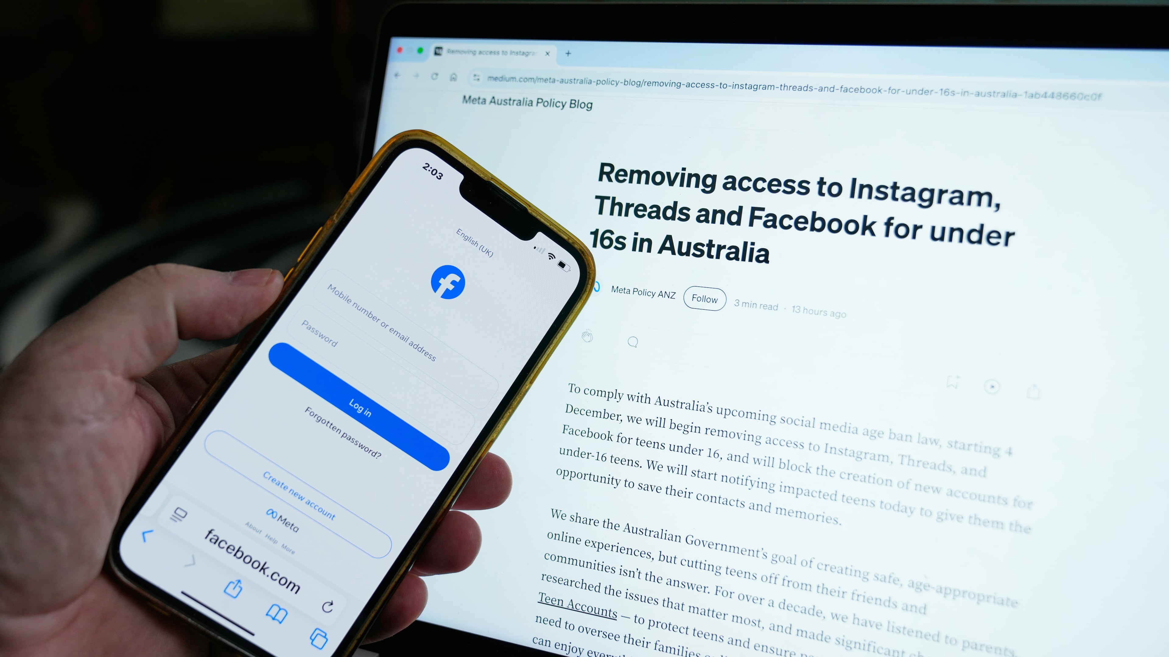 FILE - A logon screen for Facebook and the new Meta policy are photographed in Sydney, Australia, on Nov. 20, 2025. (AP Photo/Rick Rycroft, File)
