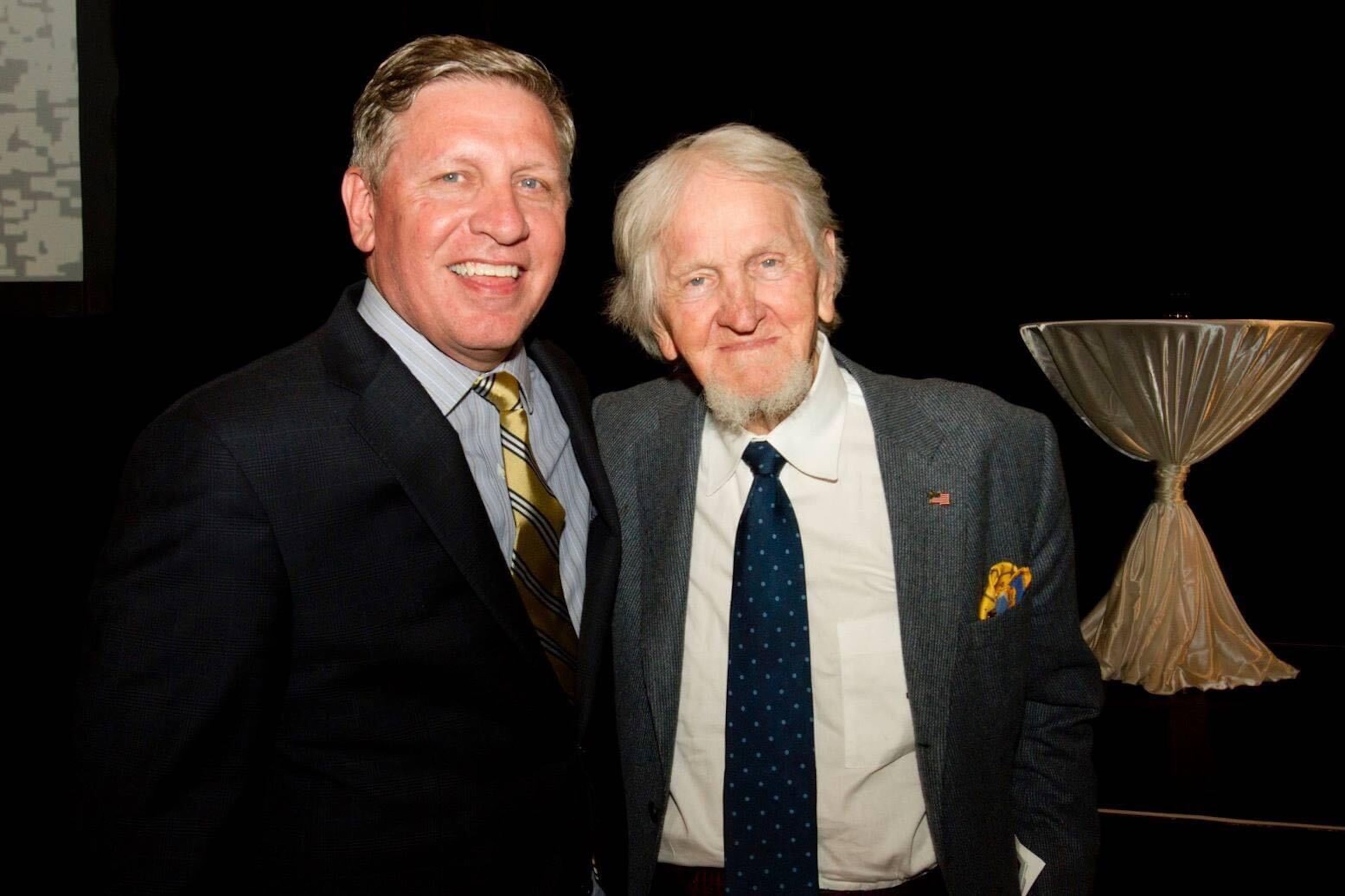 Former State Bar of Georgia president Lester Tate, left, helps Cook celebrate his 90th birthday in 2015. Cook once said, "The cross-examination is the greatest legal engine that's ever been devised for the discovery of the truth. I also believe that cross-examination in and of itself is almost the bulwark of liberty and justice." (Contributed photo)