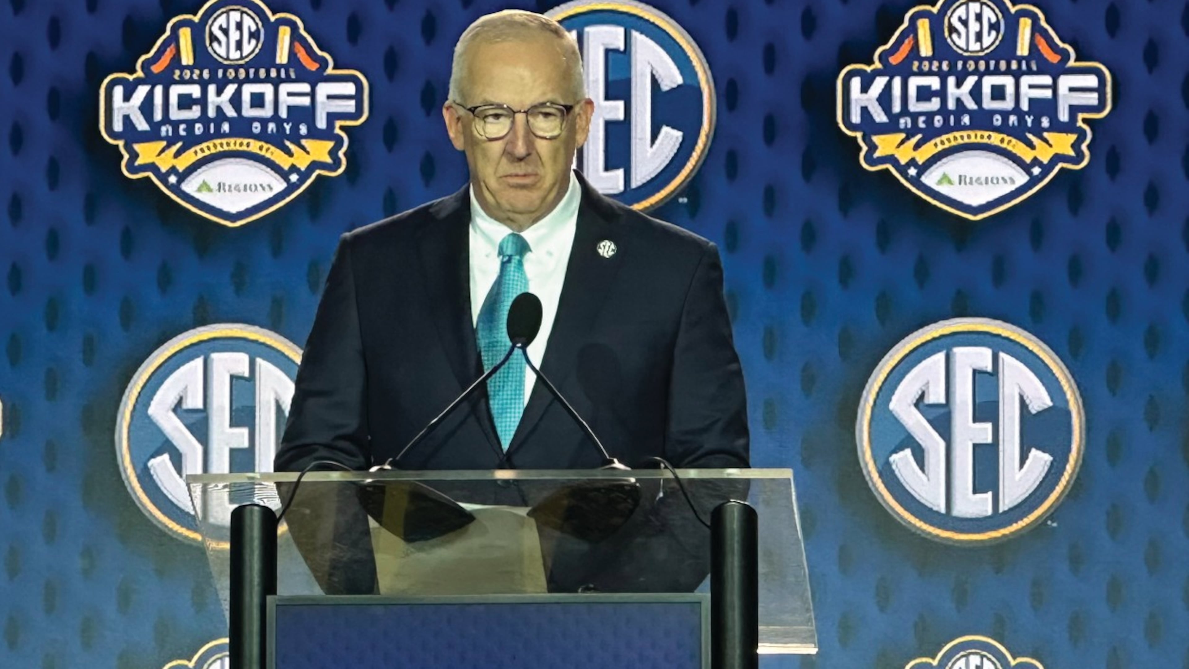 SEC Commissioner Greg Sankey discusses the upcoming 2026 NCAA College Football season Tuesday, July 21, 2026 at the SEC Media Days in Tampa, Fla. (Hunter Dawkins/The Gazebo Gazette via AP)