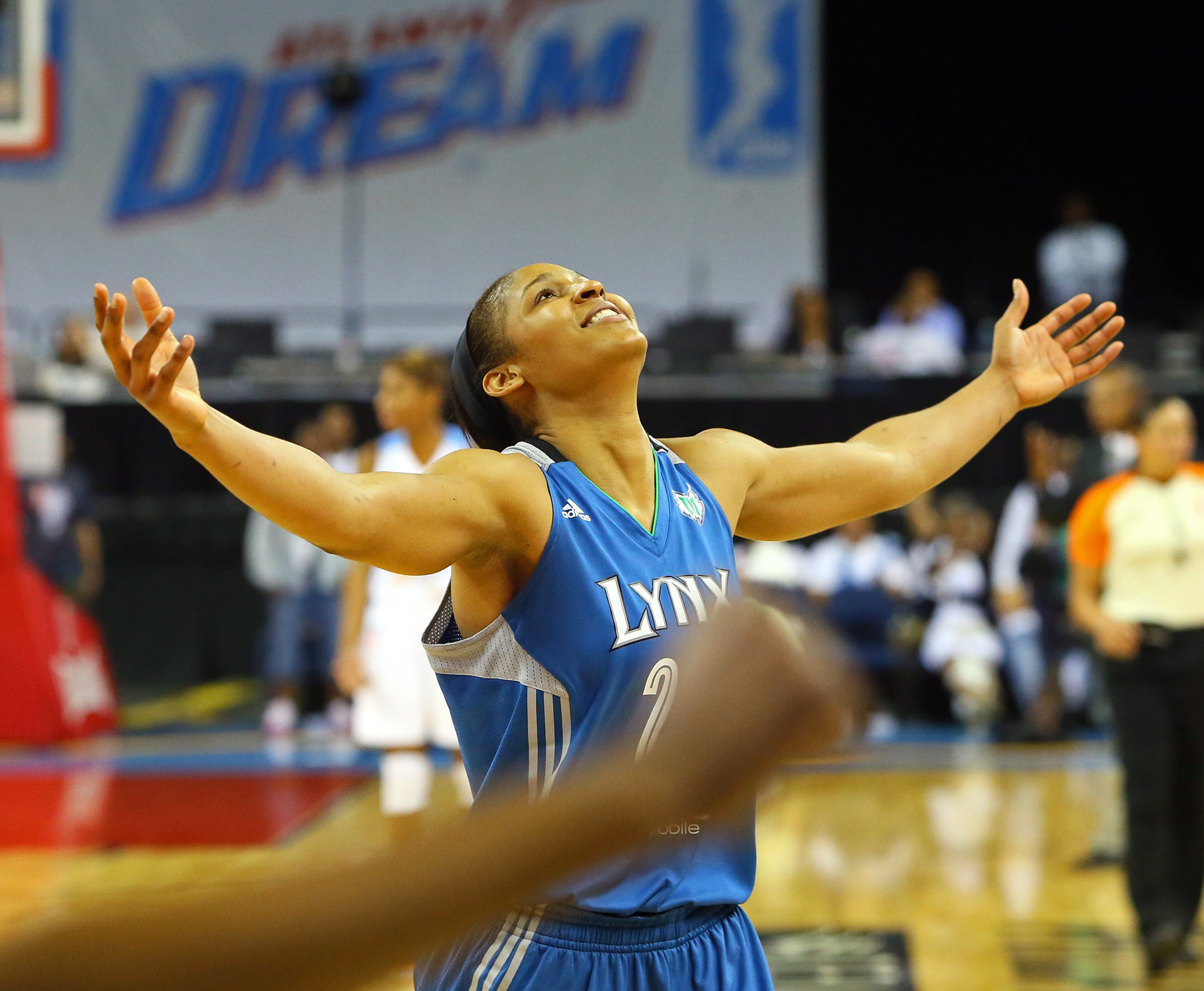 Maya Moore reacts in the final seconds as the Lynx defeat the Dream 86-77 to win the WNBA Championship on Thursday, Oct. 10, 2013, in Duluth. Moore was named MVP and led all scorers in the game.