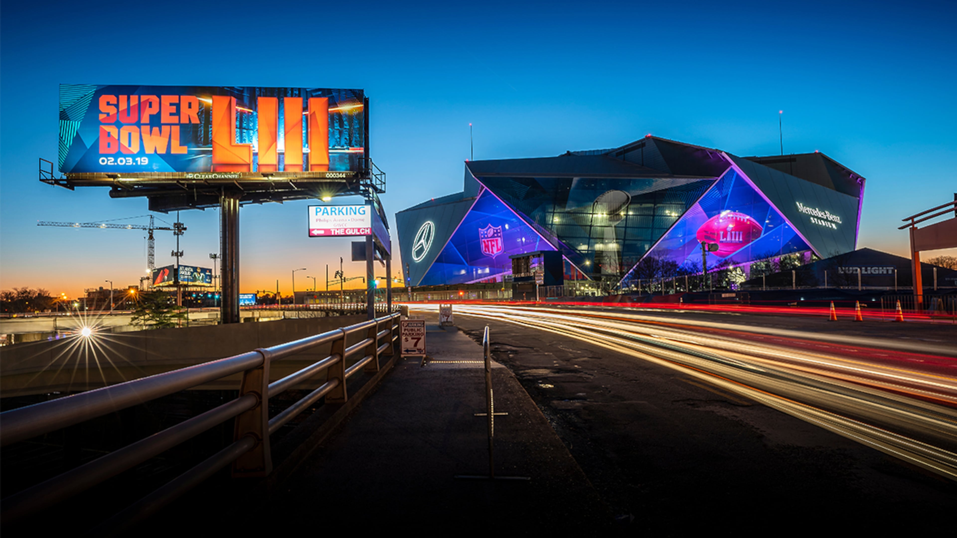 General view of Mercedes-Benz Stadium wrapped in Super Bowl LIII graphics Sunday, Jan. 20, 2019, in Atlanta.