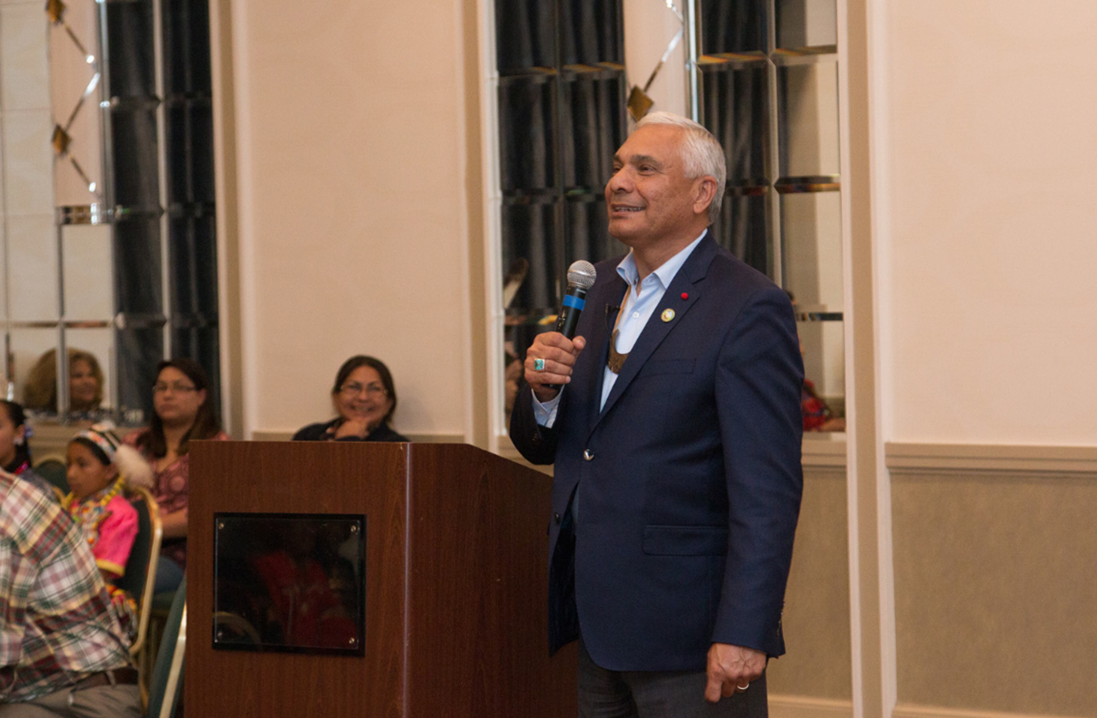 Muscogee (Creek) Nation Principal Chief James Floyd, pictured here at a 2017 archeological conference, said in a statement to the AJC that the tomahawk chop "minimizes the contributions of Native peoples as equal citizens and human beings.”