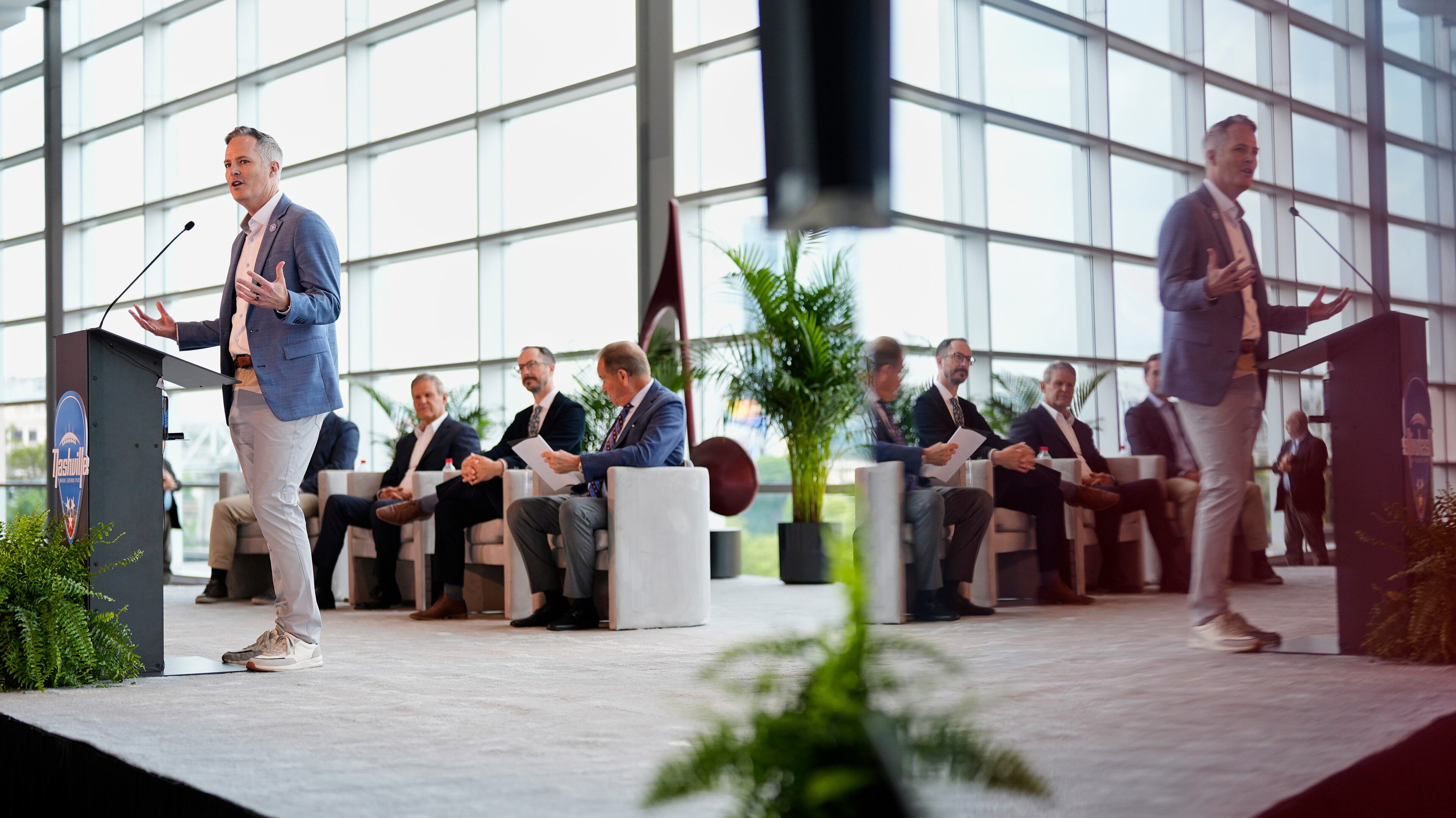 Tennessee Titans President and CEO Burke Nihill speaks during a news conference Wednesday, May 20, 2026, celebrating the 2030 Super Bowl being held at the Tennessee Titans football team's Nissan Stadium in Nashville, Tenn. (AP Photo/George Walker IV)