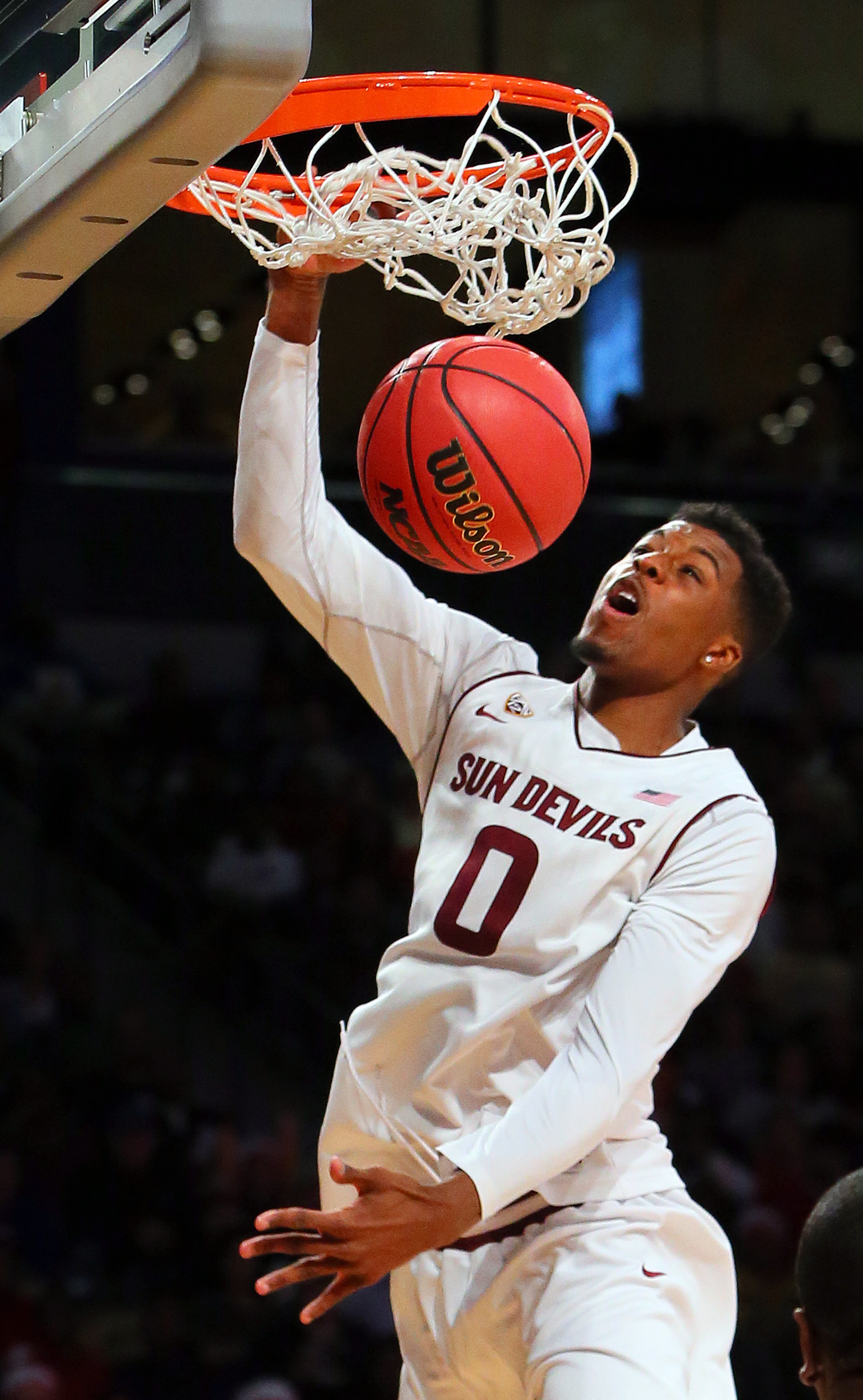 Carrick Felix, Arizona State Sun Devils, slams on his way to taking second place in the Slam Dunk Championship at the 25th annual State Farm College Slam Dunk & 3-Point Championships at McCamish Pavilion on Thursday, April 4, 2013, in Atlanta. CURTIS COMPTON / CCOMPTON@AJC.COM