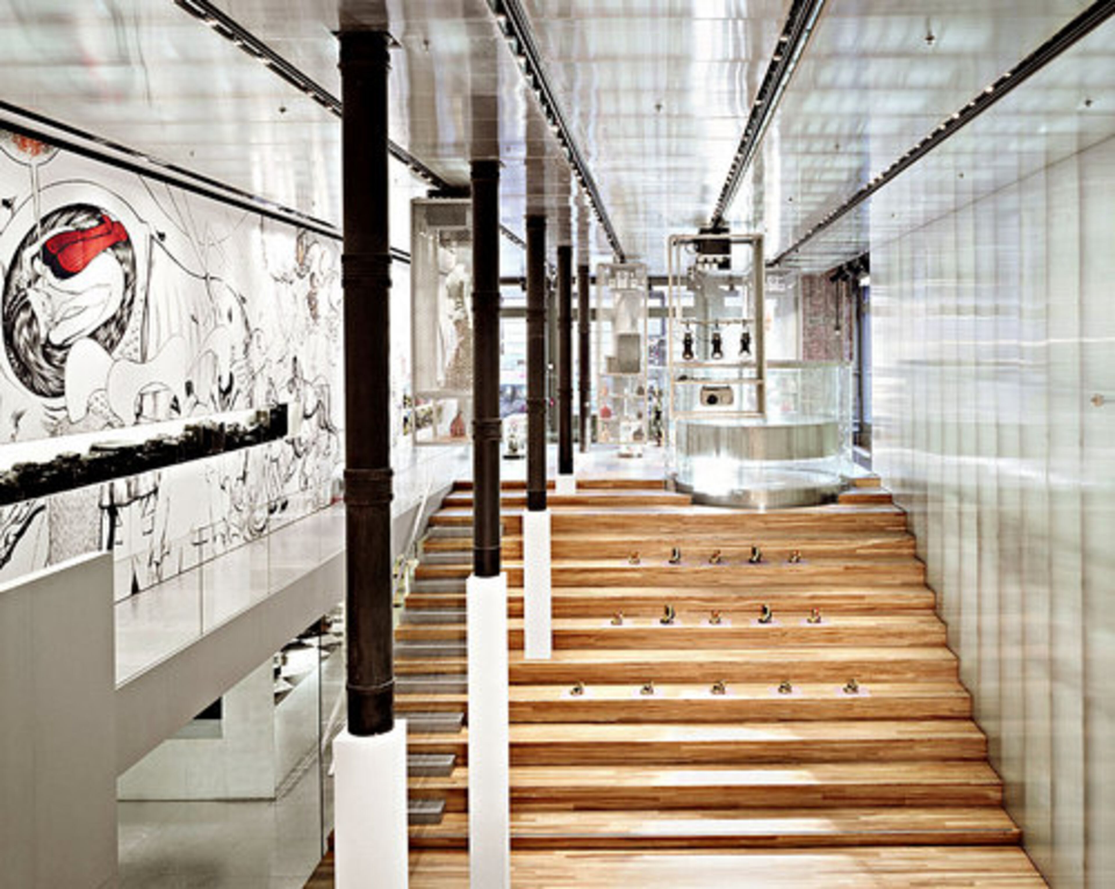 A wave of zebrawood is the centerpiece of Prada's flagship store, in Soho.