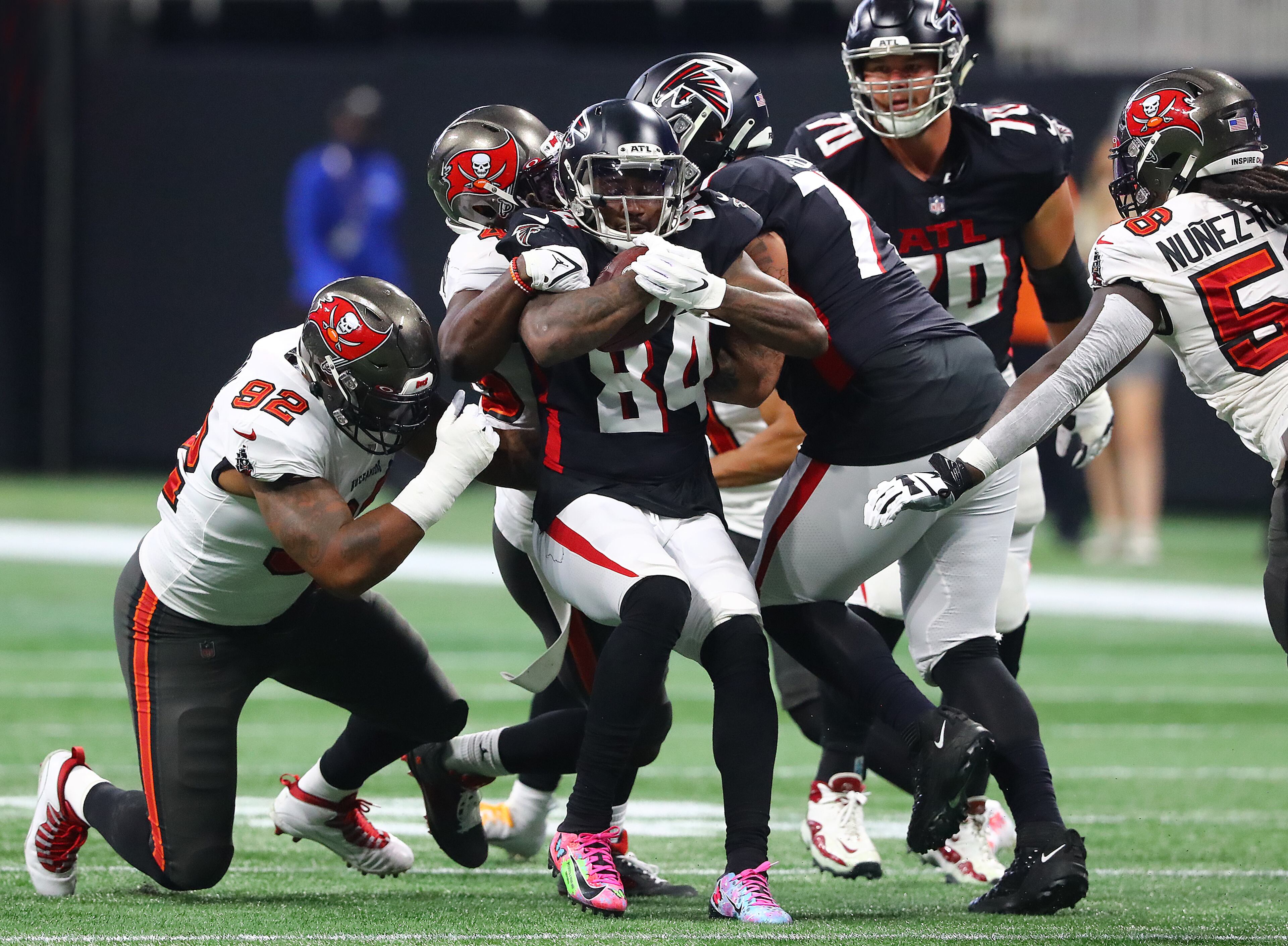 Falcons running back Cordarrelle Patterson picks up six hard fought yards against the Buccaneers defense during the first half. He ended the day with 13 carries for 78 yards and three receptions for 18 yards. (Curtis Compton / Curtis.Compton@ajc.com)