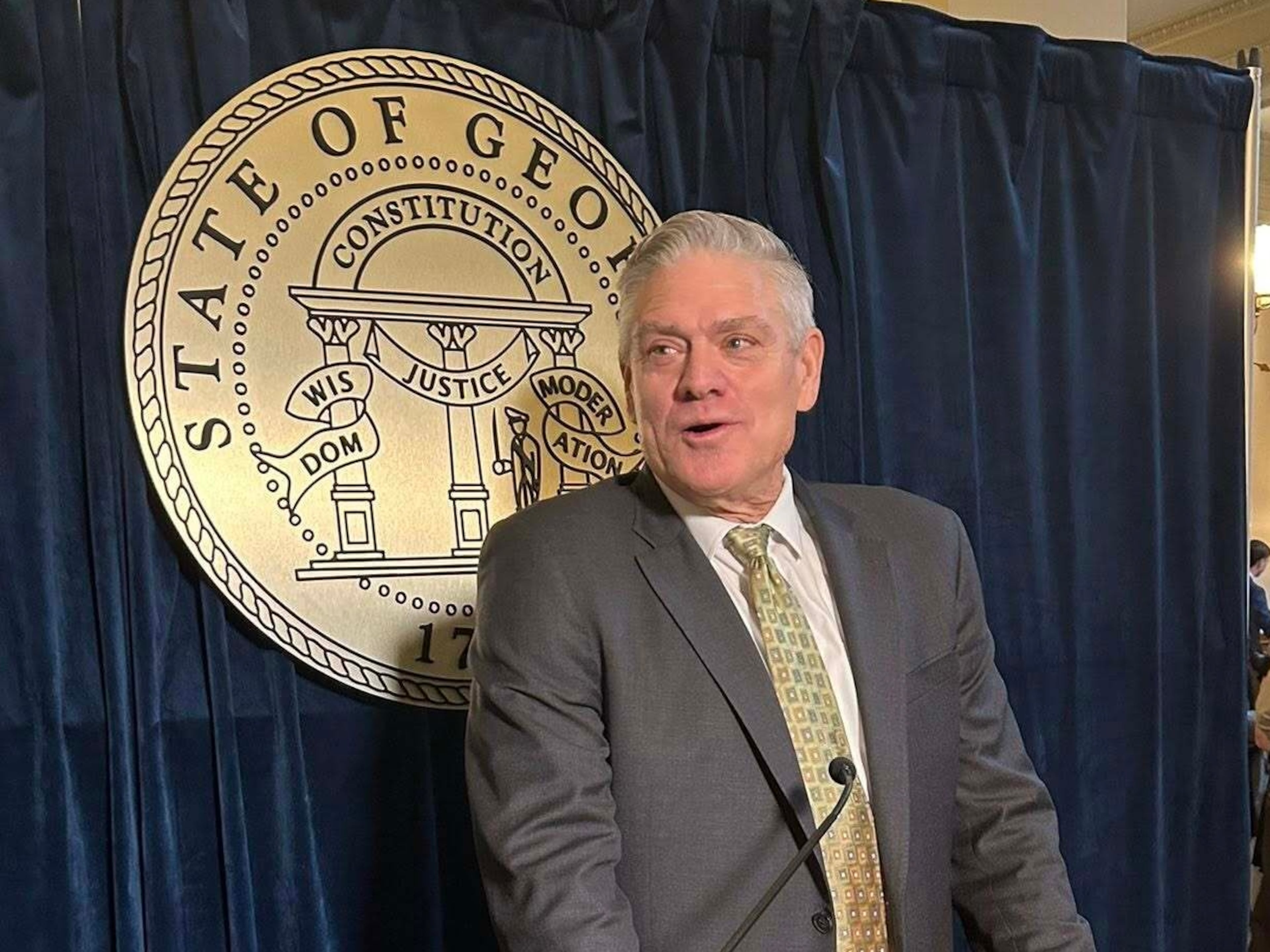 Former Atlanta Braves outfielder Dale Murphy spokes to reporters at the Georgia Capitol on Thursday. (David Wickert/AJC)