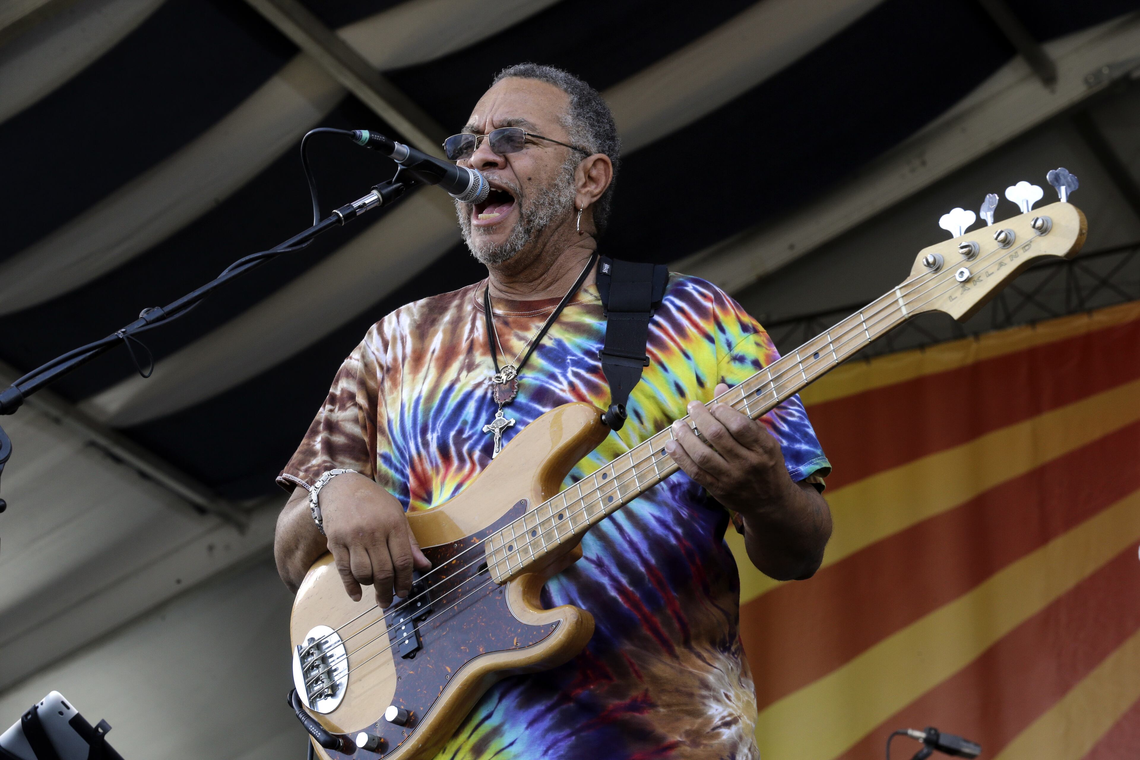 New Orleans bassist and recording artist George Porter, Jr. performs at the New Orleans Jazz and Heritage Festival in New Orleans, Sunday, May 3, 2015. (AP Photo/Gerald Herbert)