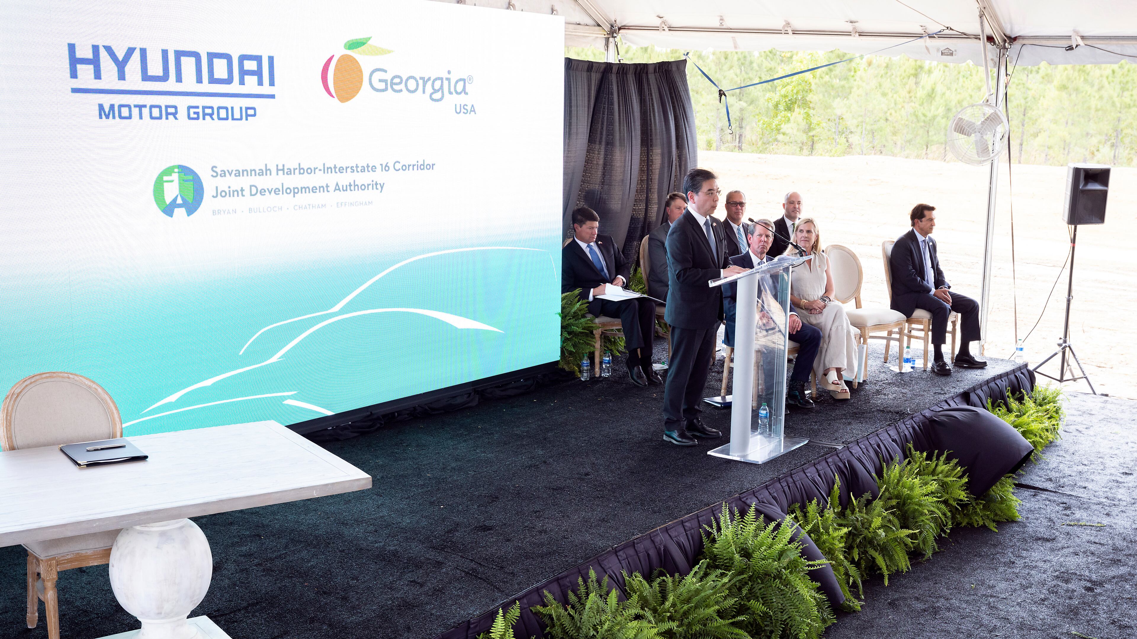 ELLABELL, GEORGIA - MAY 20, 2022: Hyundai Motor Group President and CEO Jae Hoon Chang speaks to during the announcement that the South Korean automotive giant is building an electric vehicle plant in Ellabell, Ga. It is the second major electric vehicle factory announcement in Georgia since December as state economic development officials try to turn the Peach State into an important manufacturing hub for battery-powered automobiles. (AJC Photo/Stephen B. Morton)