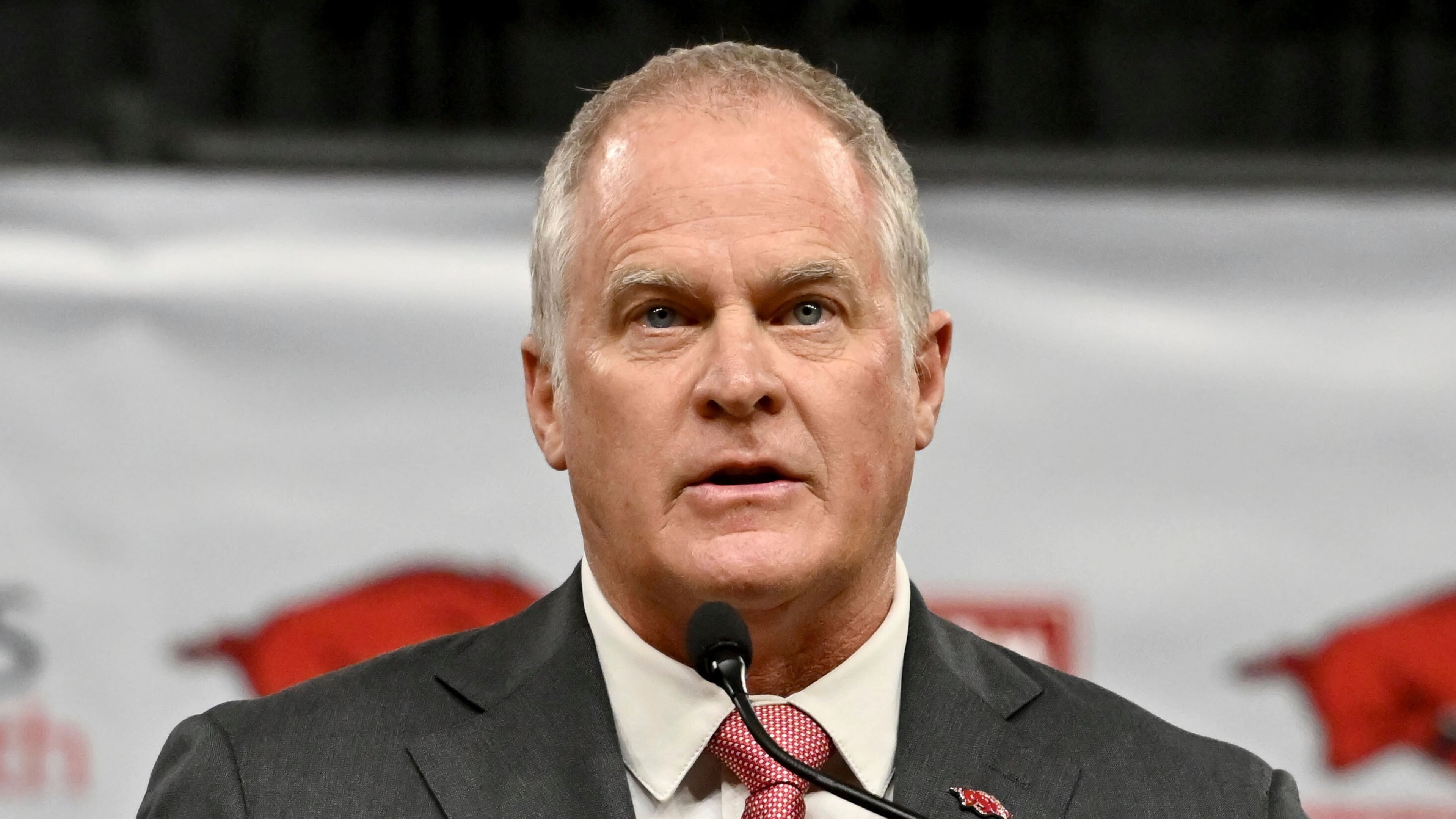 Hunter Yurachek, Arkansas vice chancellor and director of athletics, speaks during a news conference, Wednesday, April 10, 2024, in Fayetteville, Arkansas. (Michael Woods/AP File)