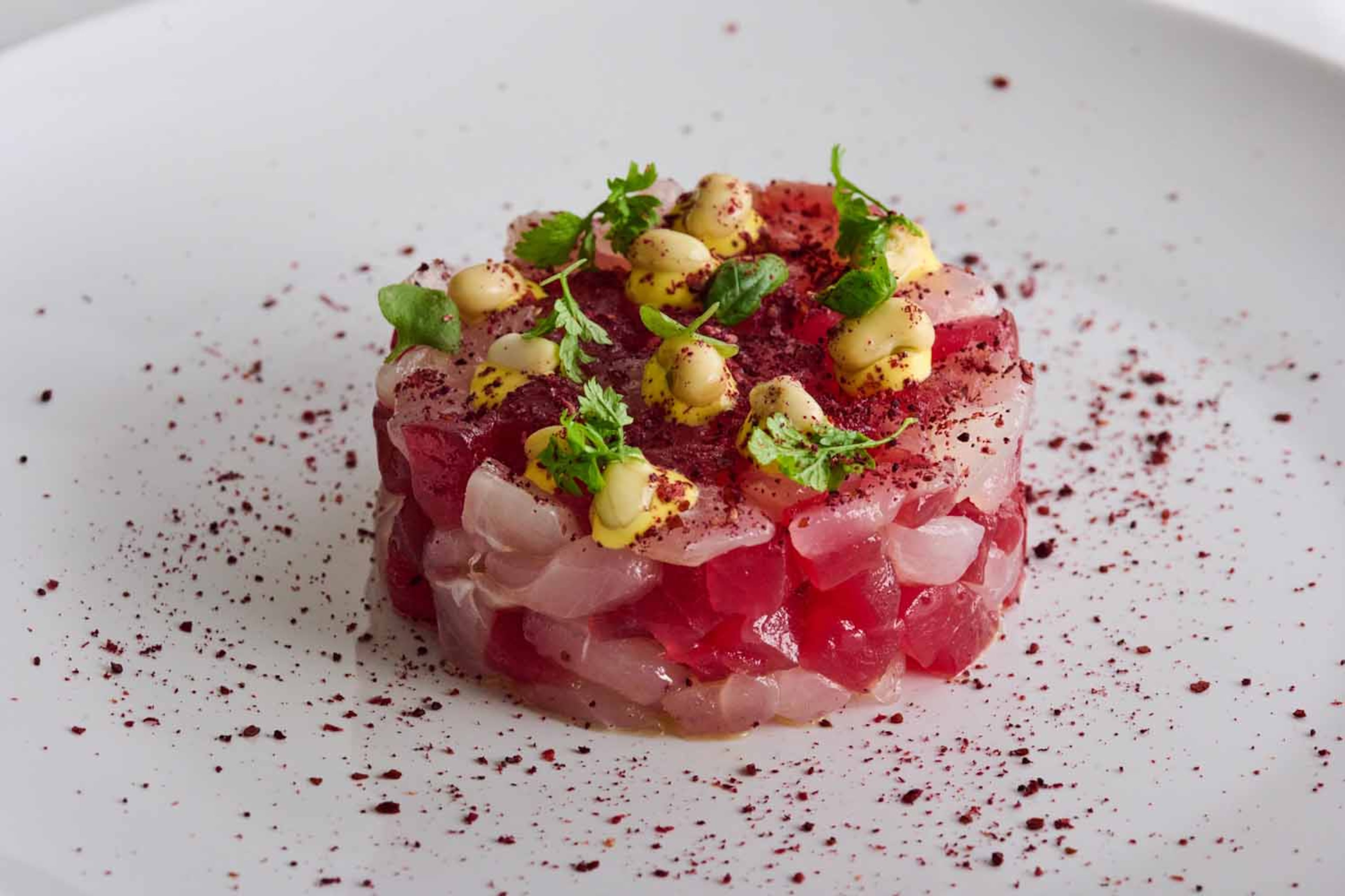 Snapper and tuna tartare with saffron aioli, sumac and pickled field peas at Elise. (Courtesy of Elise)