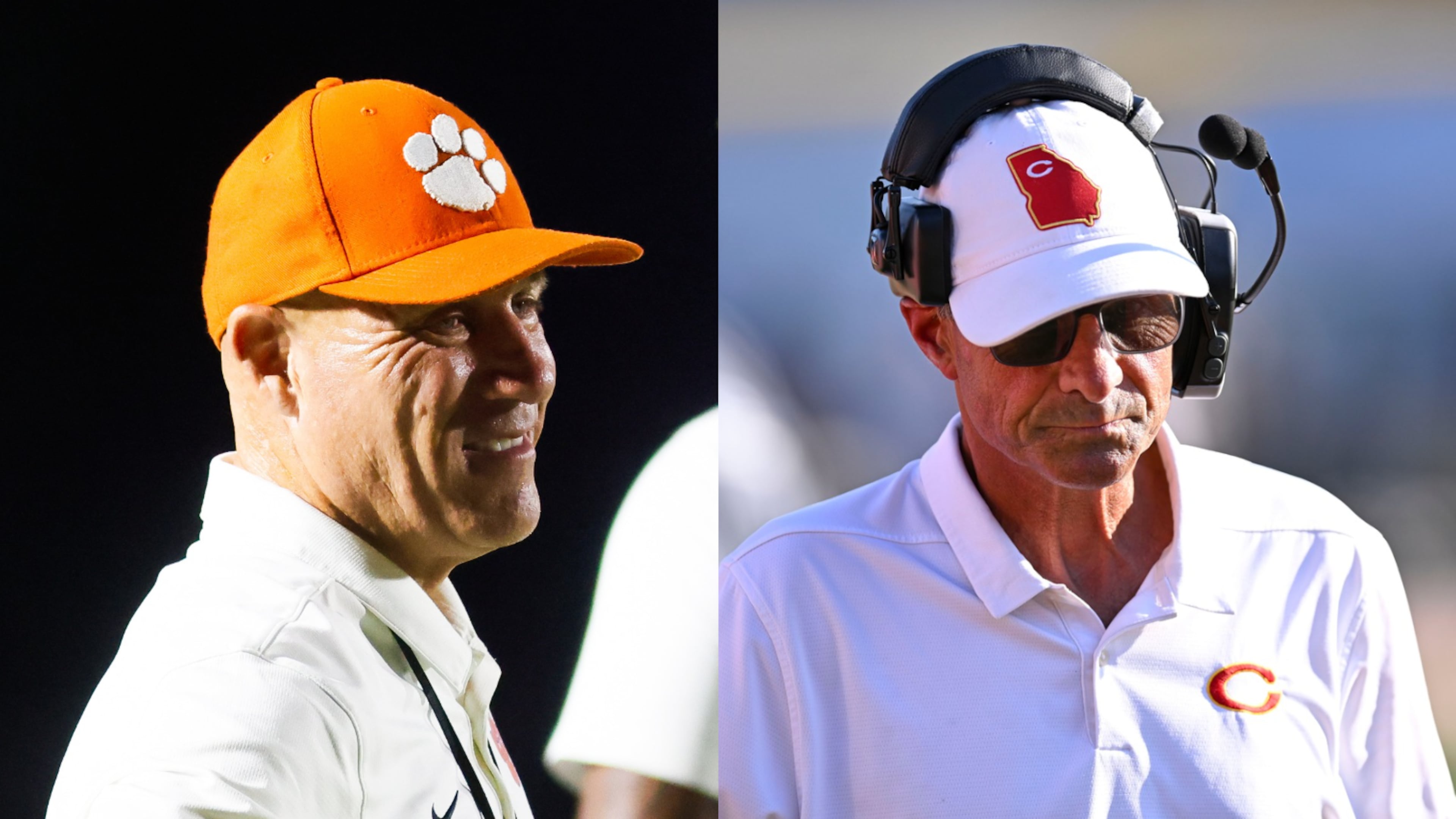 Cedar Shoals coach Rusty Charpia, left, and Clarke Central coach David Perno are longtime friends who will face off as crosstown rivals in the same region this Friday.