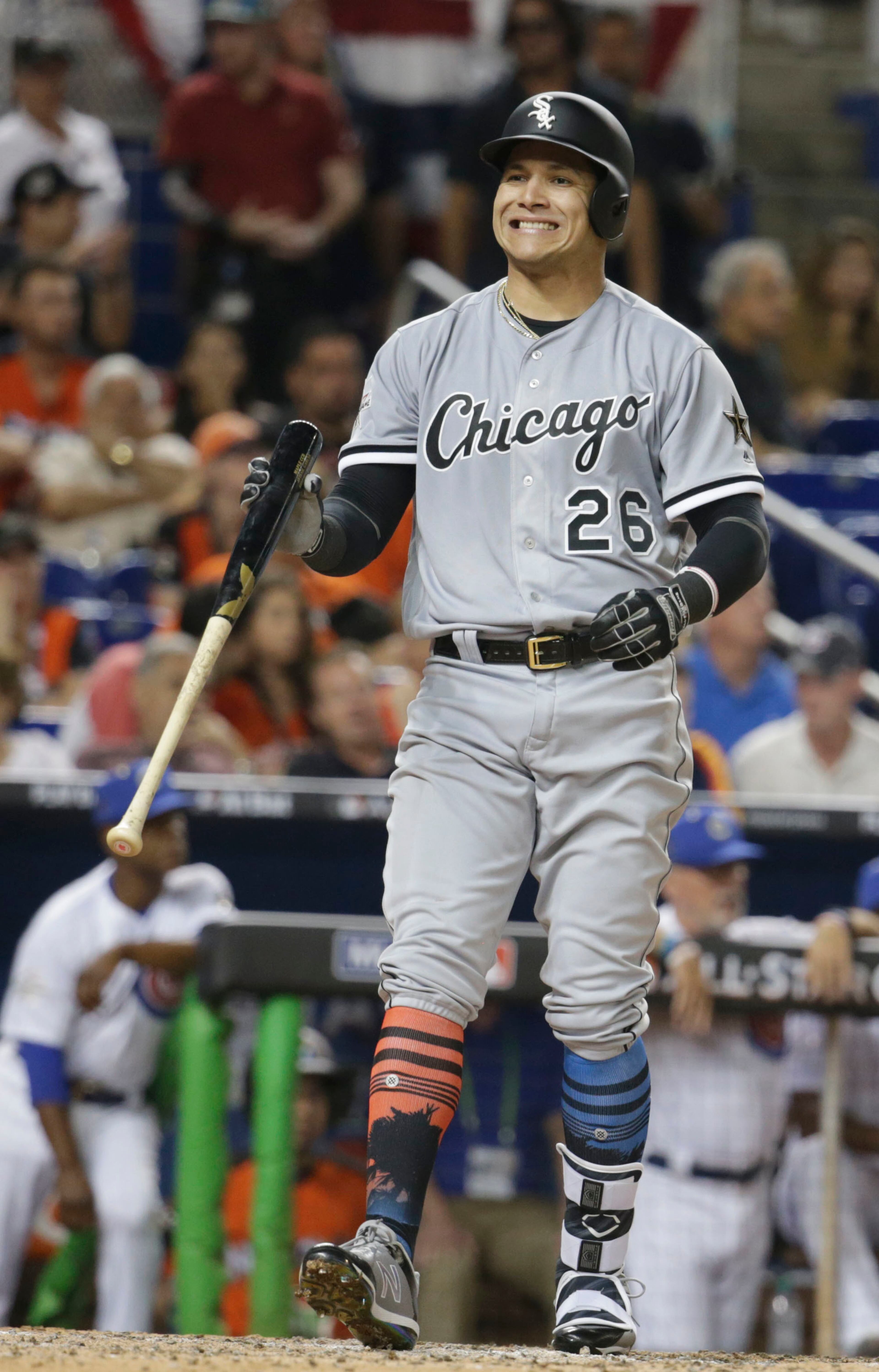 American League's Chicago White Sox outfielder AvisaÃl Garcĺa (26), gestures after striking out in the ninth inning, during the MLB baseball All-Star Game, Tuesday, July 11, 2017, in Miami. (AP Photo/Wilfredo Lee)