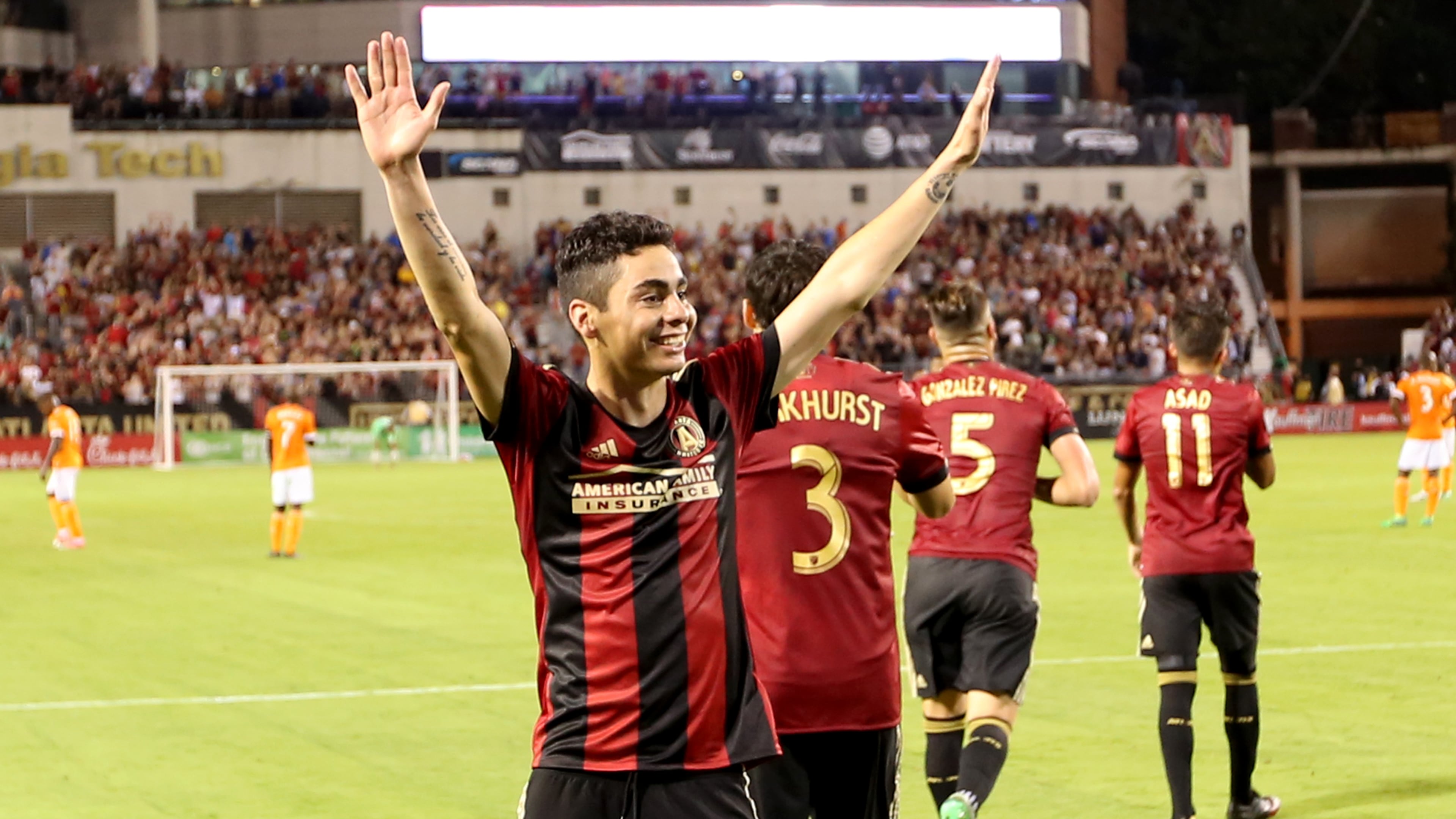 ATLANTA, GA - MAY 20, 2017. Atlanta United miedfielder Miguel Amiron reacts after scoring the fourth goal by a penalty kick in Saturday’s 4-1 win over Houston. (Miguel Martinez / Mundo Hispanico)