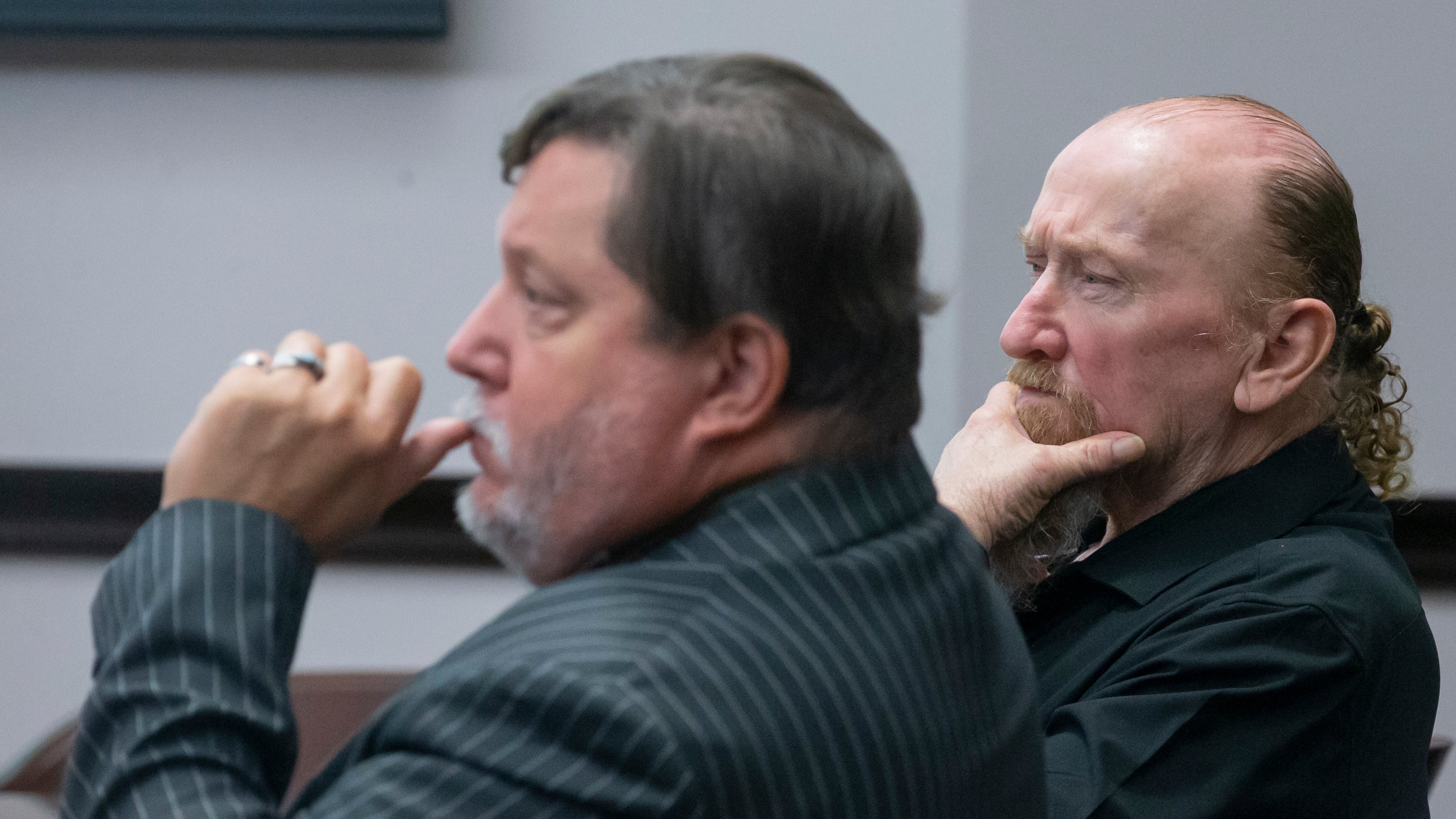 Defendant James Dolphs Elmore Jr., right, sits with his attorney, William Agnew, while listening to witness testimony during his trial in Galveston, Texas, Tuesday, Sept. 1, 2026. (Stuart Villanueva/The Galveston County Daily News via AP, Pool)