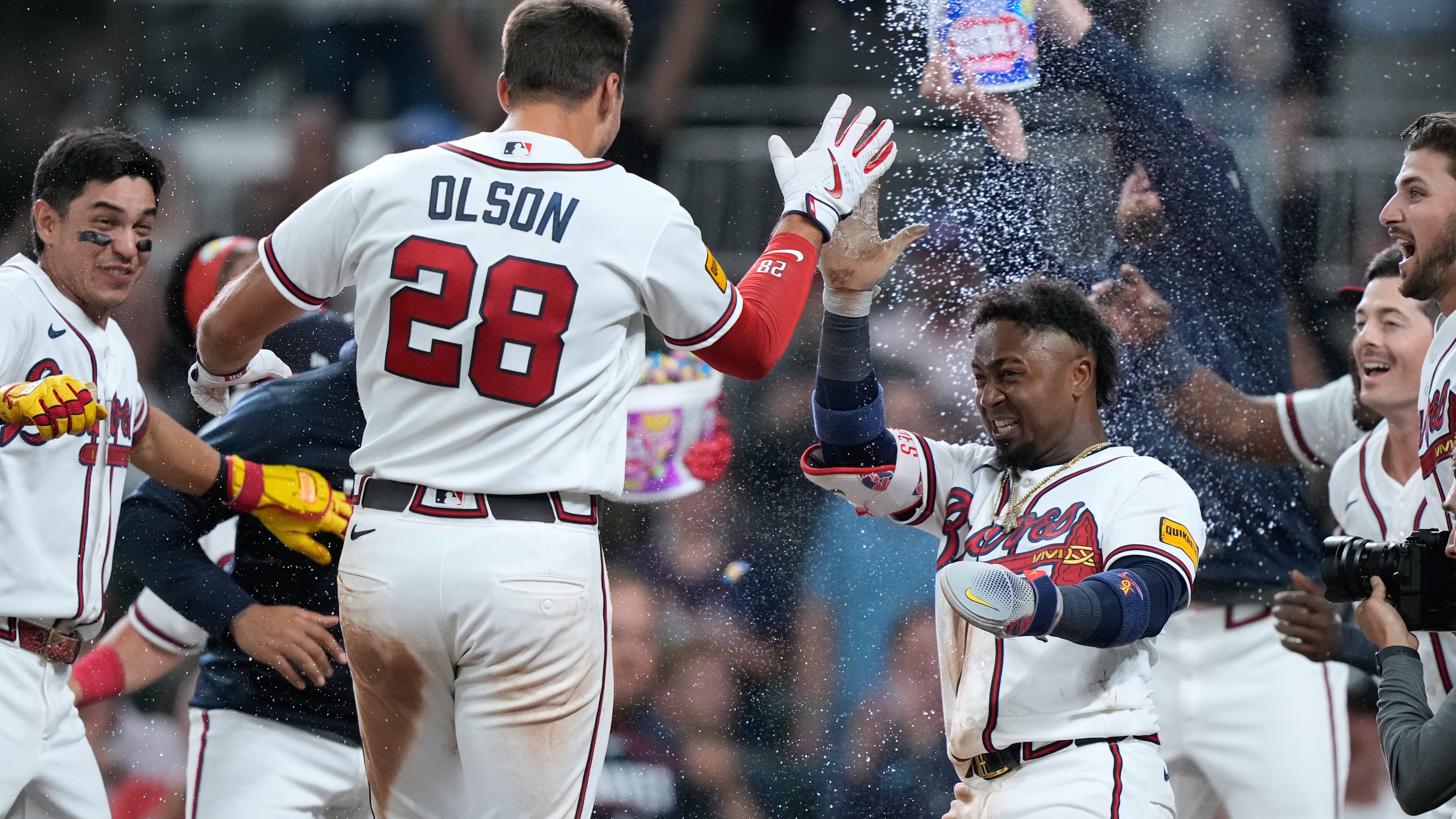 Braves first baseman Matt Olson celebrates hitting a walk-off two run home run against the Tigers on Wednesday, April 29, 2026, in Atlanta. Something about this group feels different from their other recent teams. (Brynn Anderson/AP)