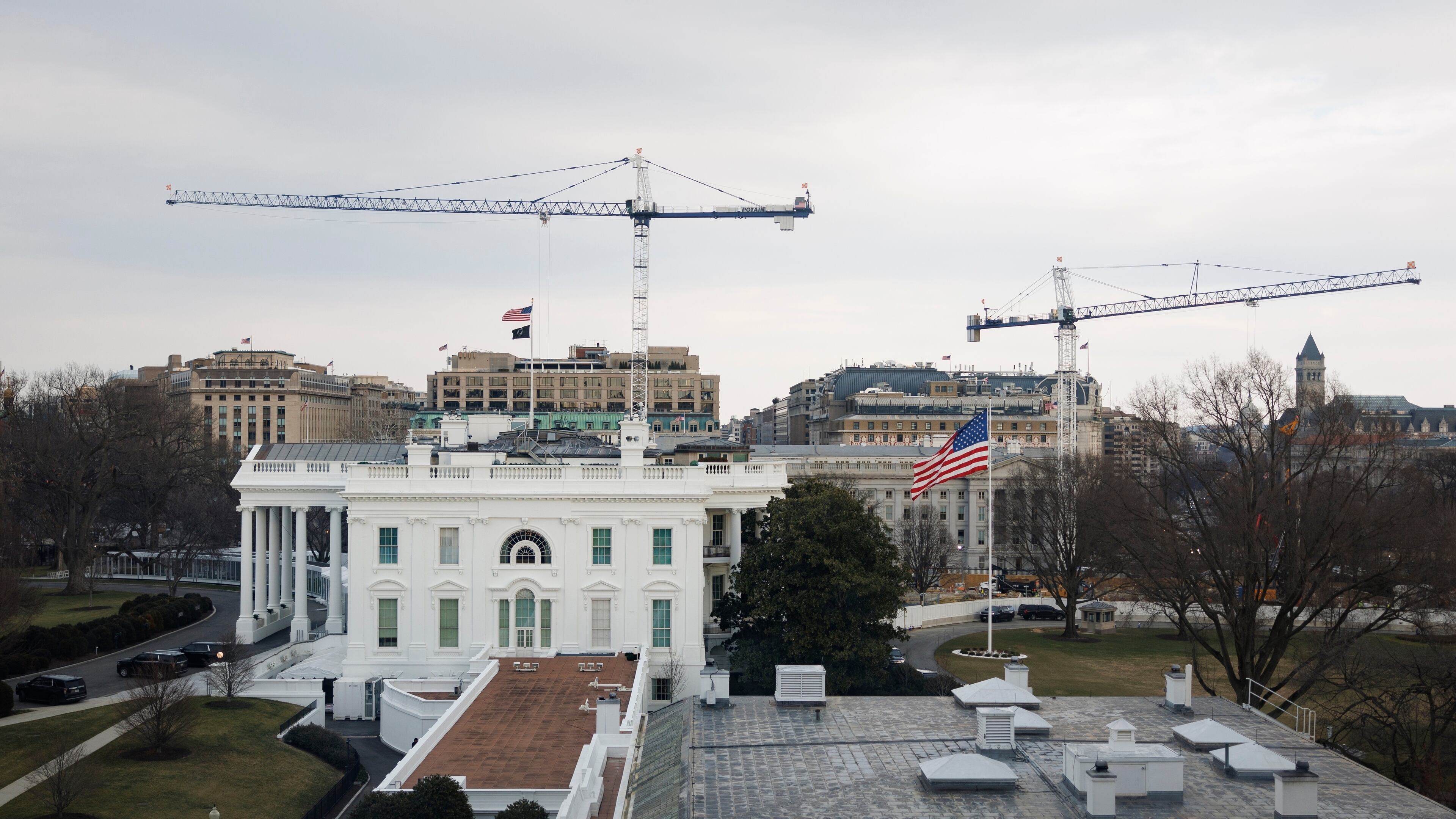 The White House, including the West Wing and construction of the new ballroom, is seen from the Old Eisenhower Executive Office Building on the White House campus Wednesday, Feb. 25, 2026, in Washington. (AP Photo/Tom Brenner)