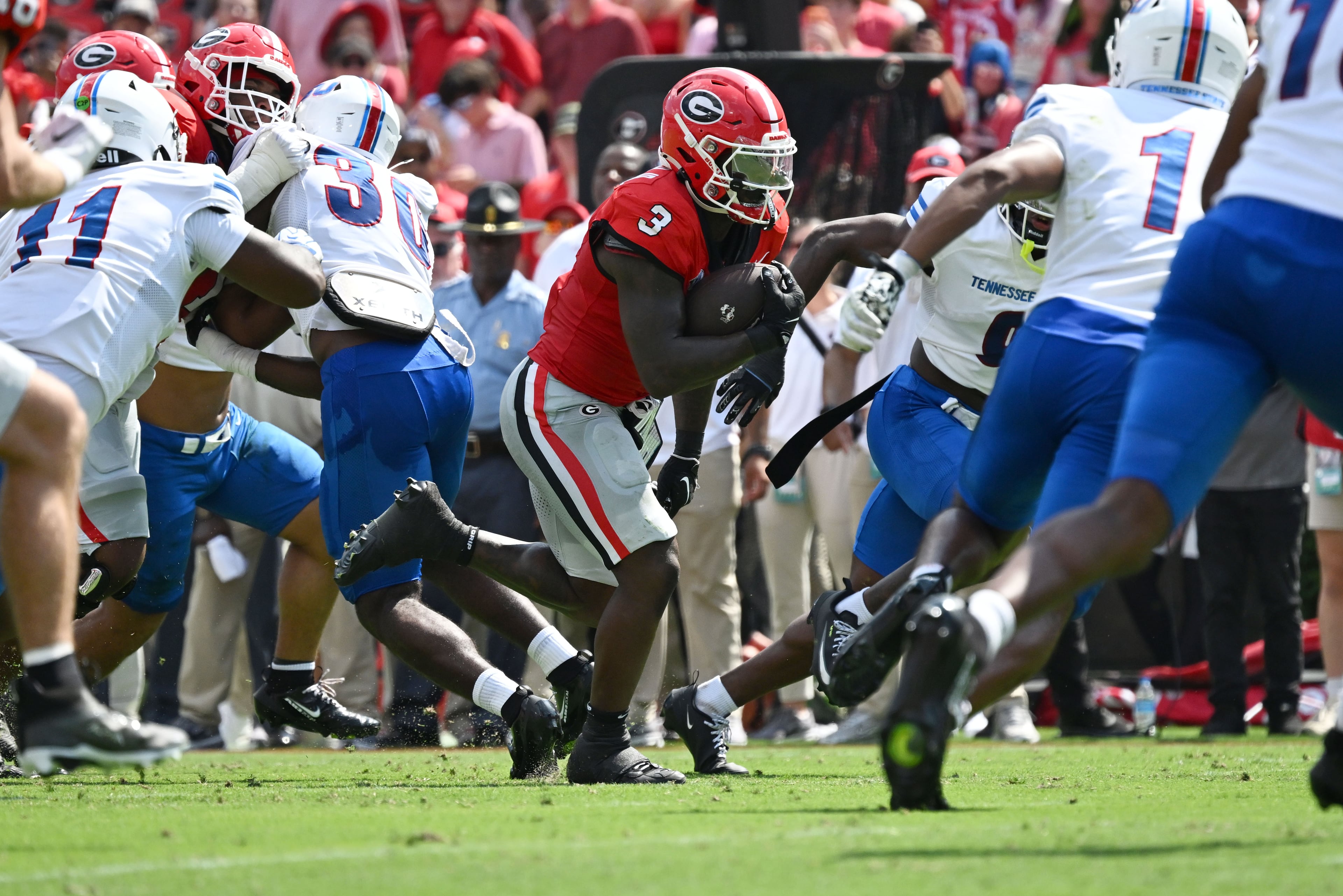 Georgia running back Nate Frazier runs for a touchdown during the first half in an NCAA football game vs. Tennessee State at Sanford Stadium on Saturday, Sept. 5, 2026, in Athens, Ga. (Hyosub Shin/AJC)
