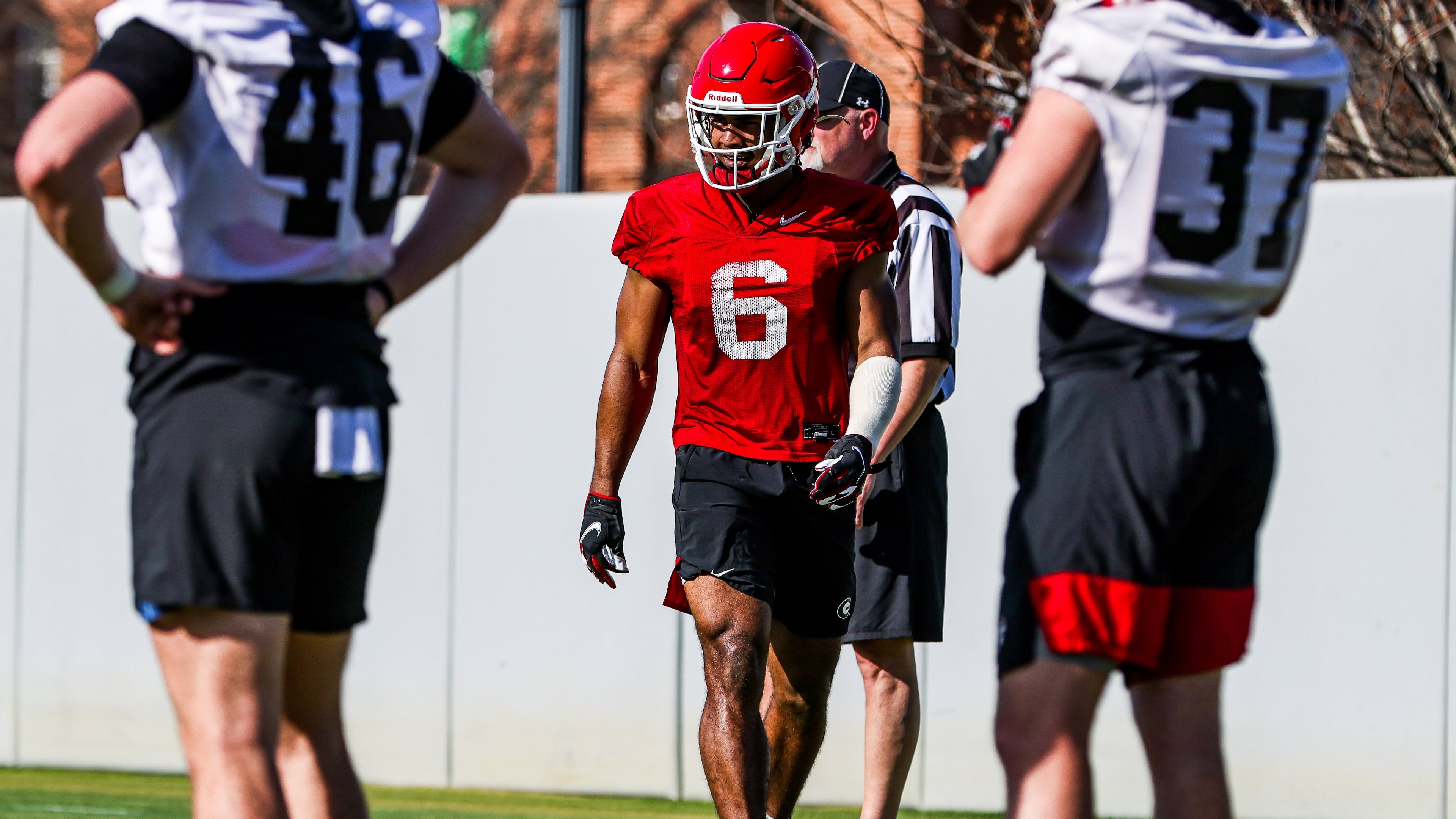 Georgia running back Kenny McIntosh has a laugh as the Bulldogs transition from one drill to the next during a spring practice at the Woodruff Practice Fields. (Photo by Tony Walsh/UGA Athletics)