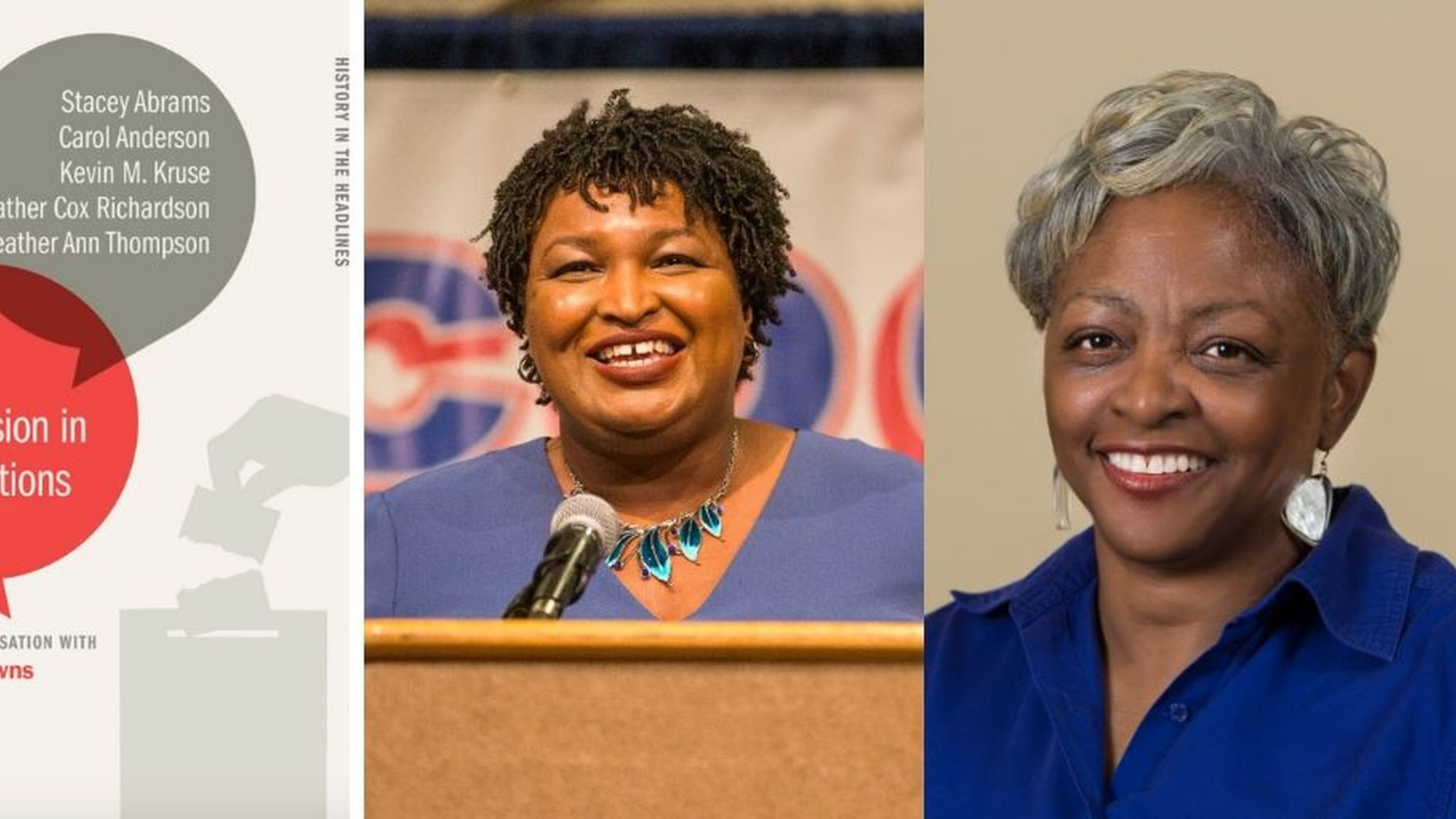 Former Georgia gubernatorial candidate Stacey Abrams (center) and Emory professor Carol Anderson contribute essays to “Voter Suppression in U.S. Elections.” Contributed by UGA Press/AJC file