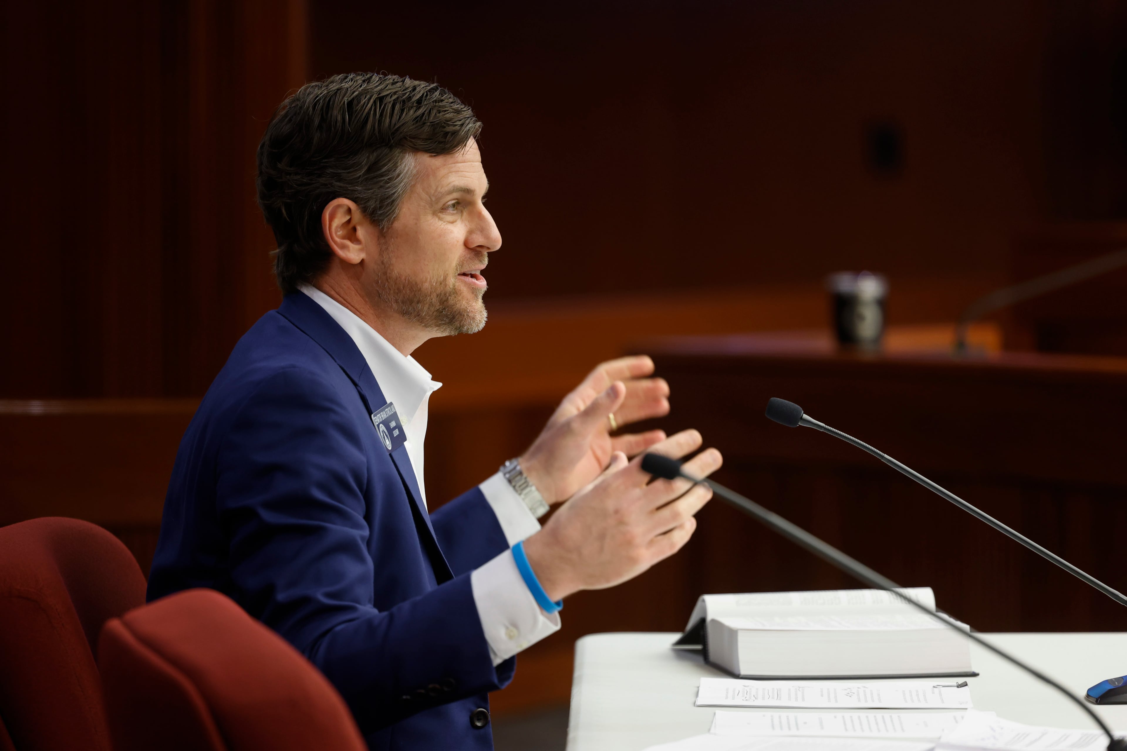 State Sen. Brian Strickland, R-McDonough, speaks on Senate Bill 482 during a House Public Safety and Homeland Security Committee meeting this week. (Arvin Temkar/AJC)