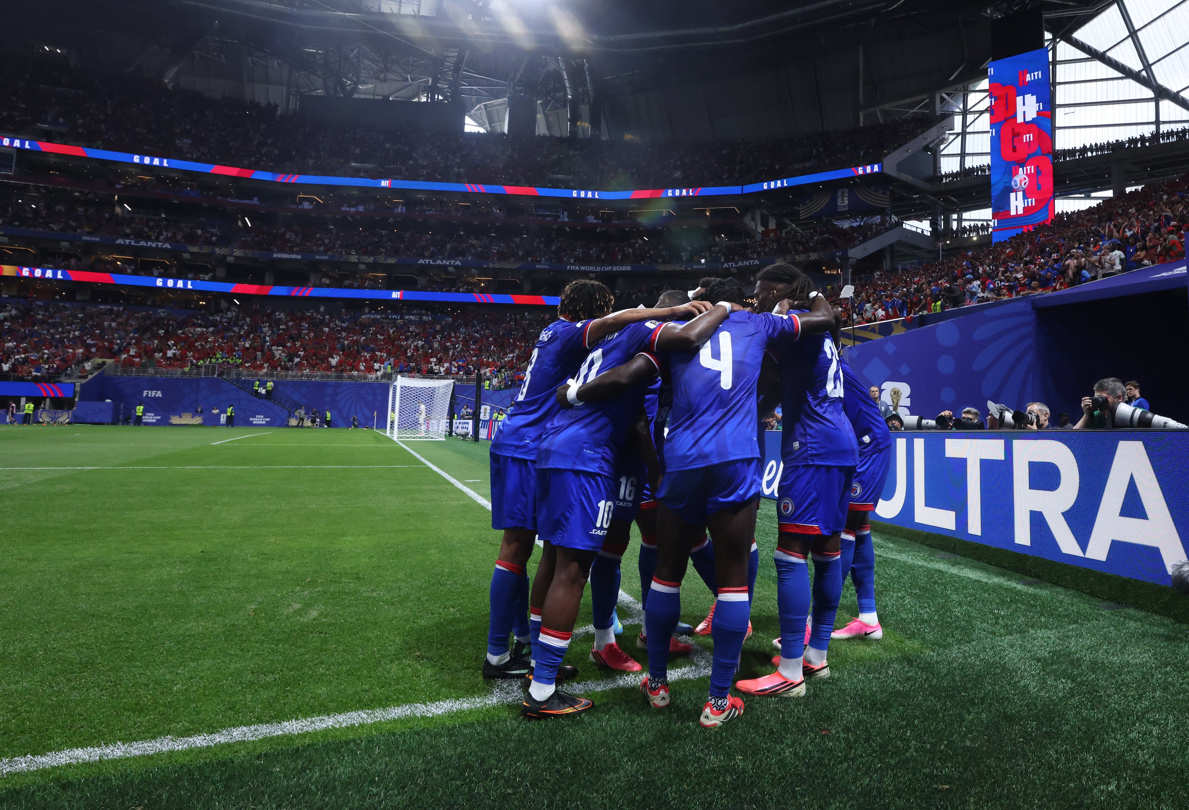 Haiti teammates celebrate goal of Haiti's Wilson Isidor during first half of Morocco vs. Haiti Group C FIFA World Cup match at Atlanta Stadium (Mercedes-Benz Stadium) on Wednesday, June 24, 2026. (Jason Getz/AJC)