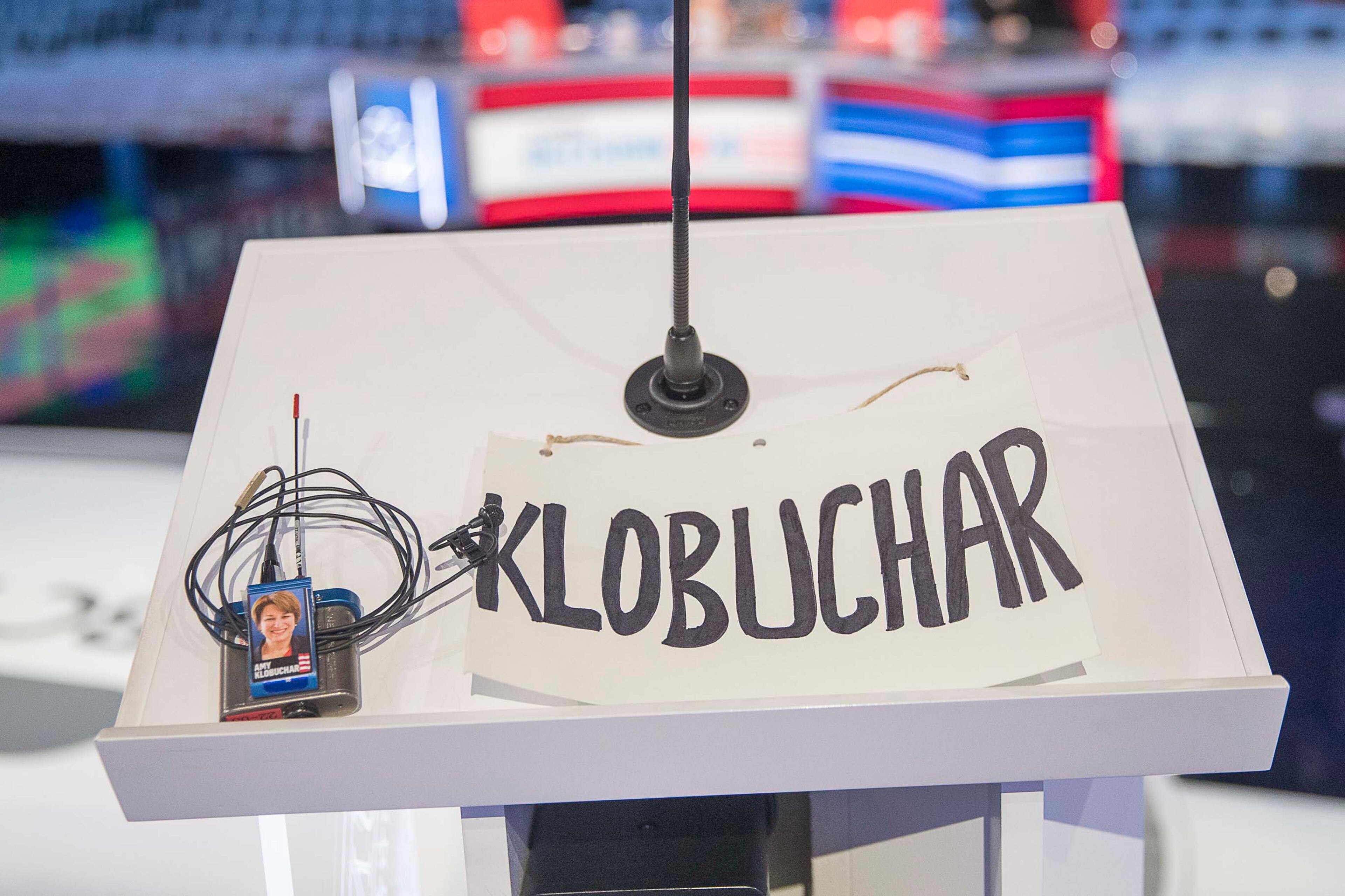 11/19/2019 -- Atlanta, Georgia -- A podium is set up for Democratic presidential candidate Sen. Amy Klobuchar as crews continue to work on the final touches of the debate stage for the MSNBC/The Washington Post Democratic Presidential debate inside the Oprah Winfrey Soundstage at Tyler Perry Studios in Atlanta, Tuesday, November 19, 2019. (Alyssa Pointer/Atlanta Journal Constitution)