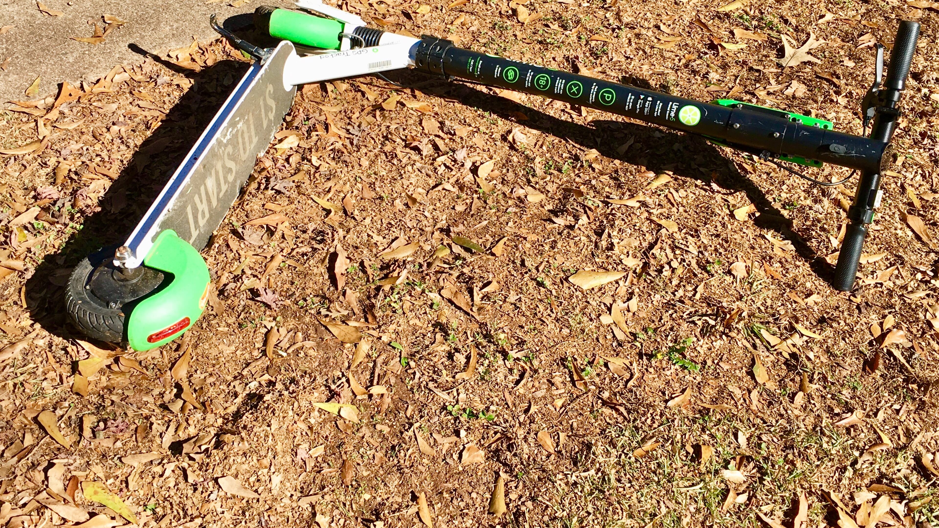 Decatur wants to establish a series of regulations on electric scooters like this one, which is one of over 100 that suddenly showed up in Decatur last October. This particular one has, as of this writing, resided on this spot for five days, though it hasn’t escaped scrutiny from neighborhood dogs. Bill Banks for the AJC