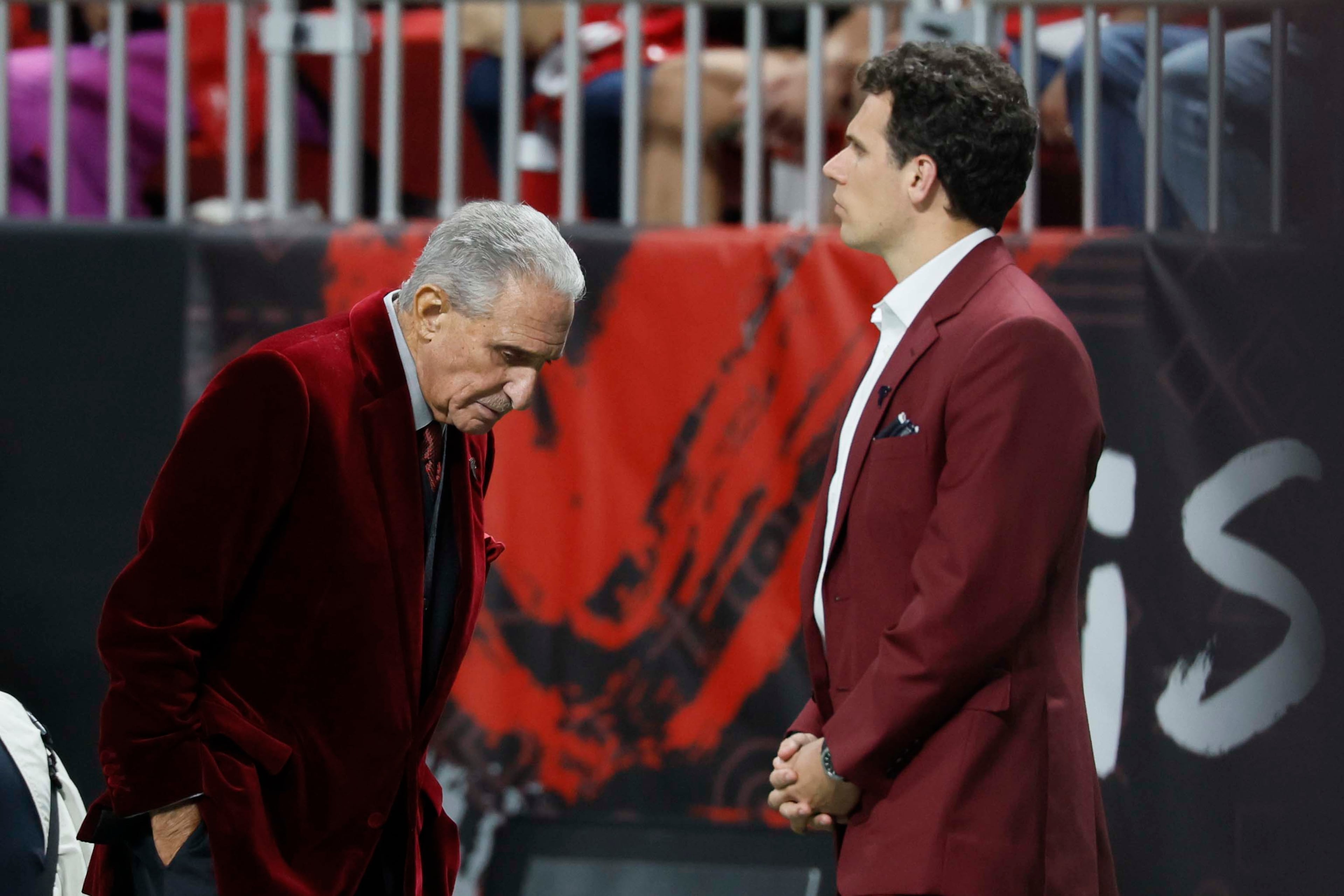 Atlanta Falcons owner Arthur Blank and his son, Josh Blank, are seen at the end of the game, when the Falcons lose to the Baltimore Ravens 30-23 in overtime at Mercedes-Benz Stadium in Atlanta, GA, on Sunday, Oct. 11, 2026. (Miguel Martinez/AJC)