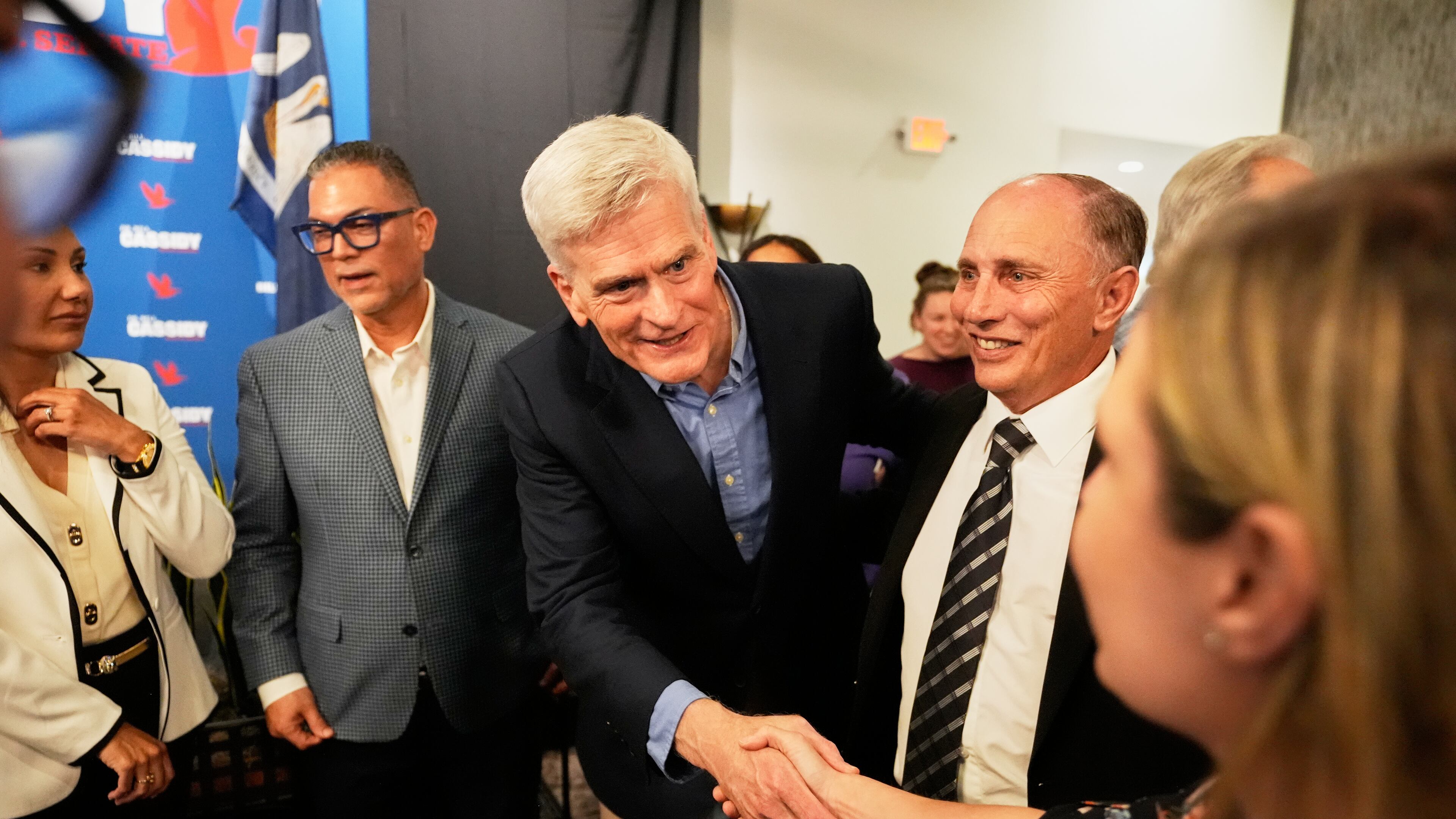 U.S. Sen. Bill Cassidy, R-La., greets supporters at a campaign stop at Drago's Restaurant Tuesday, May 5, 2026, in Metairie, La. (AP Photo/Gerald Herbert)