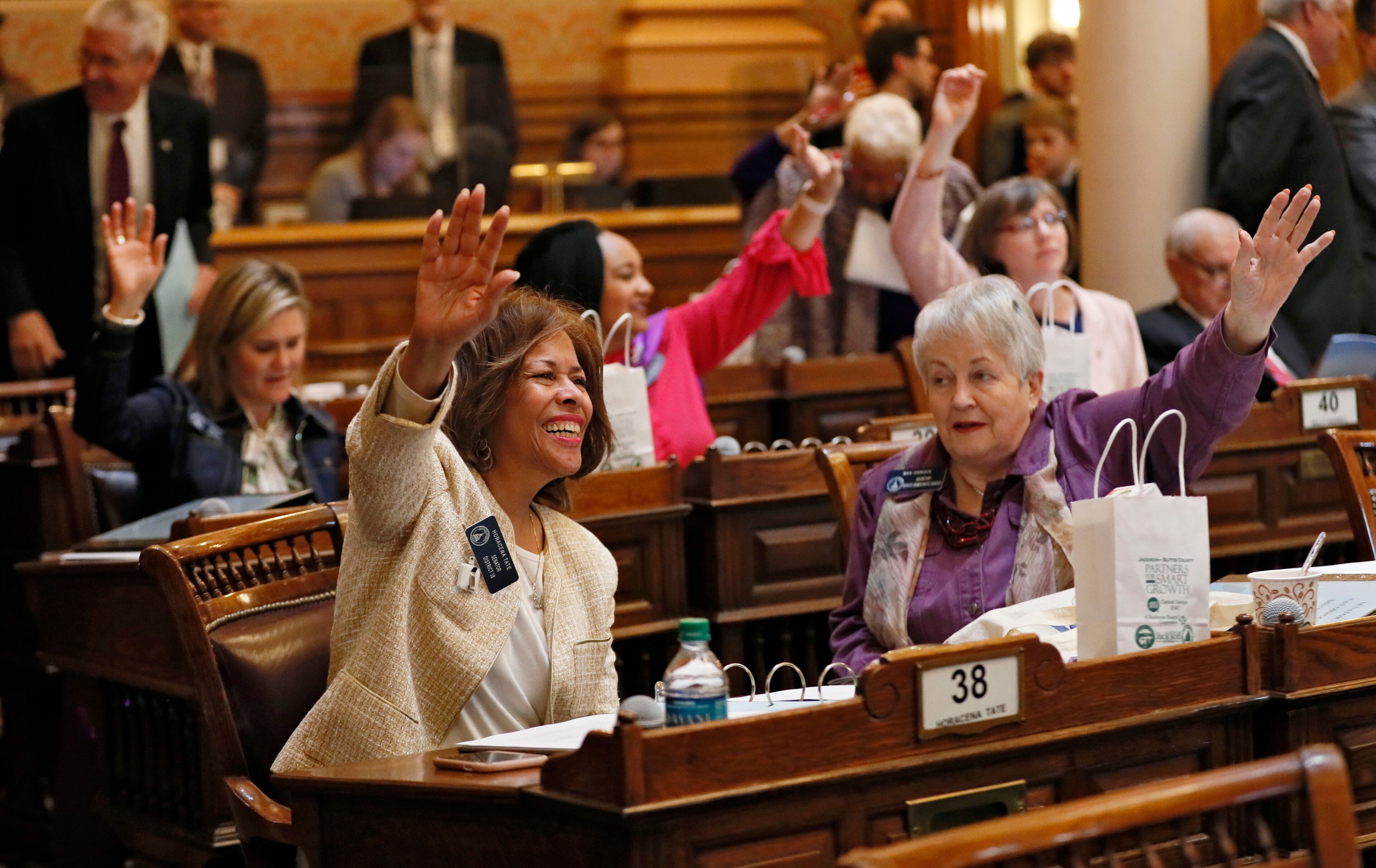 2/27/19 - Atlanta - Sen. Horacena Tate (left), D - Atlanta, and Sen. Nan Orrock, D- Atlanta vote against engrossing a bill. Behind them are Sen. Elena Parent, D - Atlanta, Sen. Nikema Williams, D - Atlanta, and Sen. Sally Harrell, D - Atlanta. The legislature was in session for the 23rd day of the 2019 General Assembly. Bob Andres / bandres@ajc.com