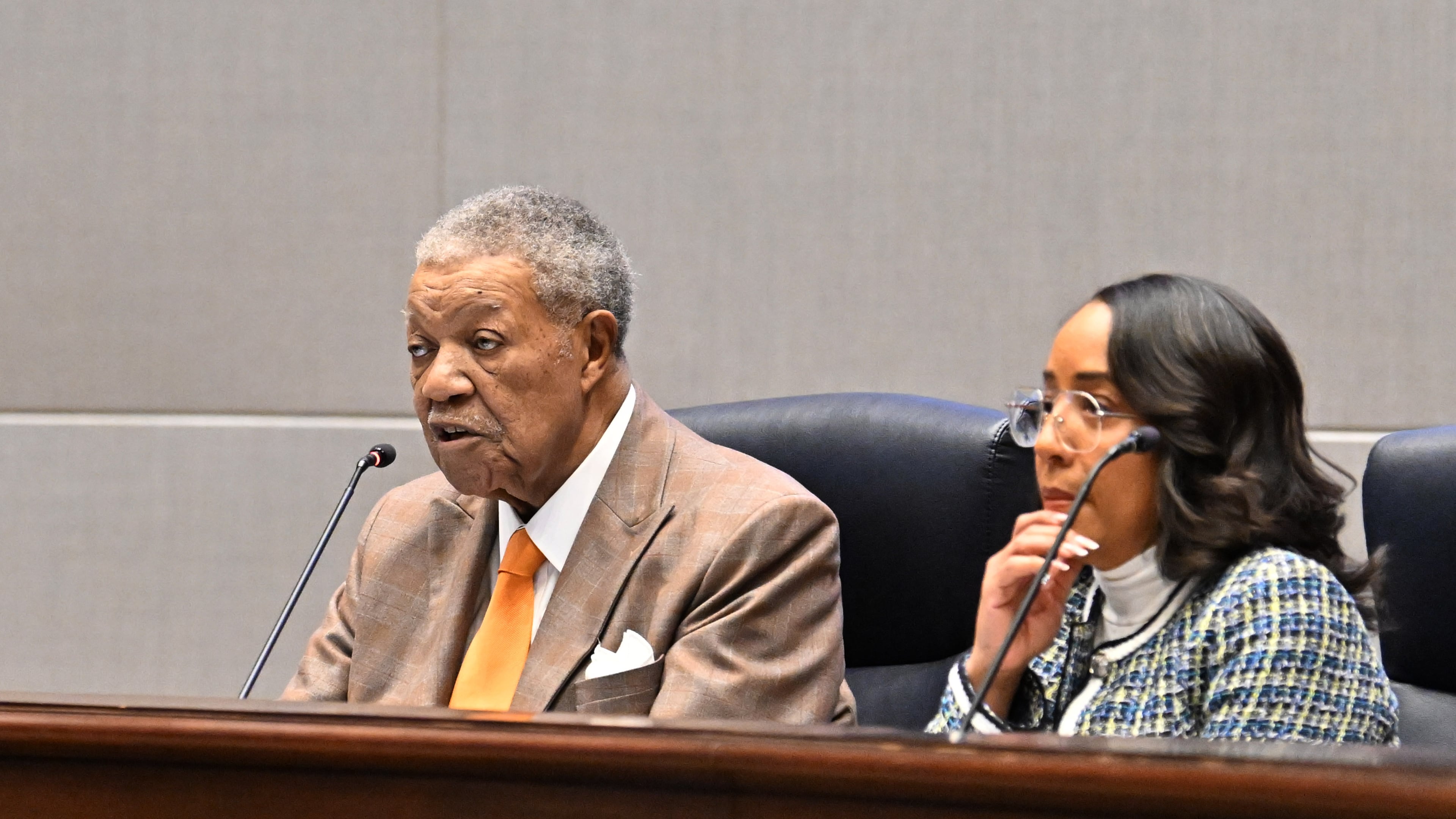 Robb Pitts (left) speaks as Mo Ivory listens during a meeting at the Fulton County Government Center on Wednesday, Feb. 4, 2026, in Atlanta. Pitts has been chairman of the Fulton County Commission since 2017. (Hyosub Shin/AJC)