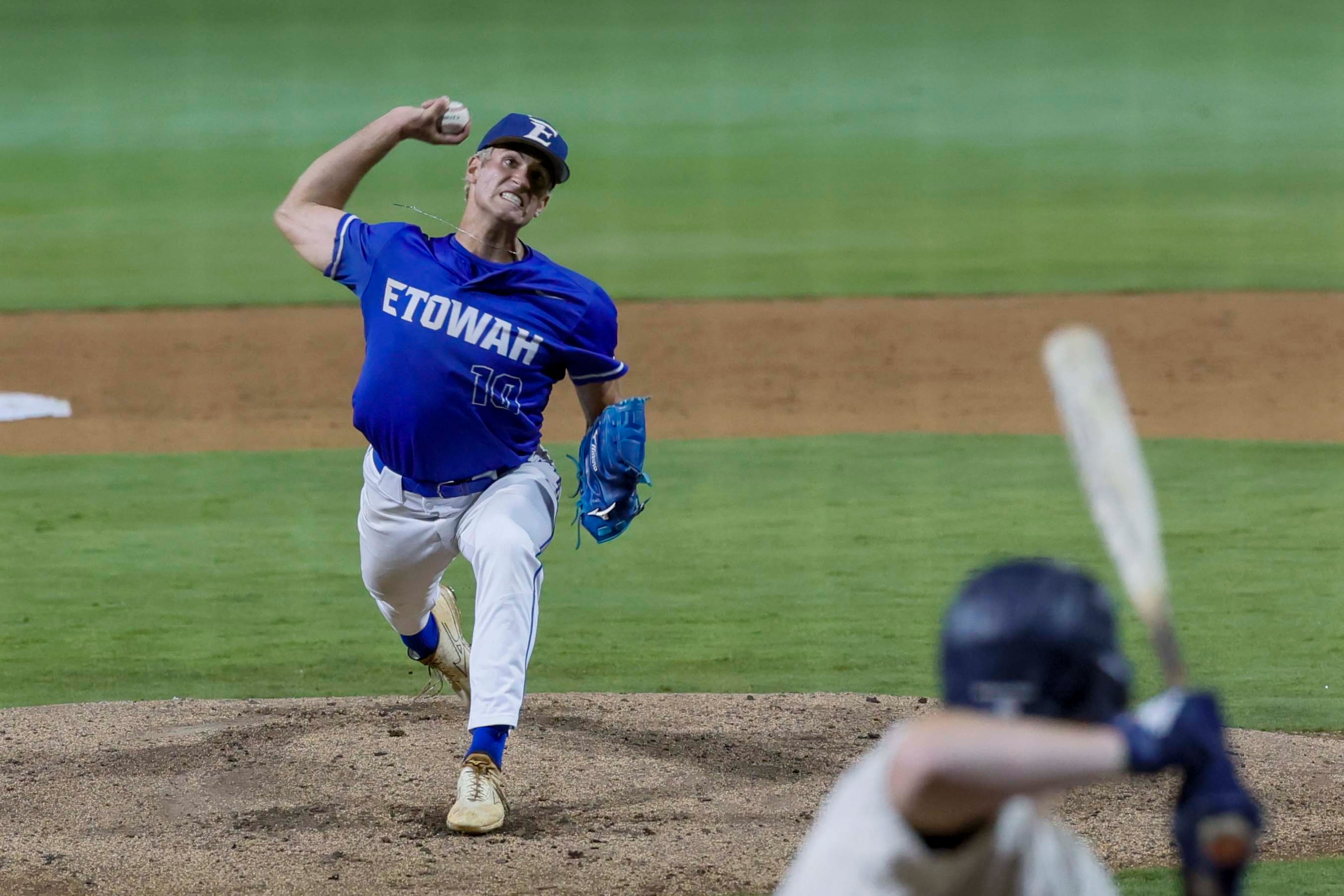 Etowah Eagles pitcher Matthew Sharman throws a pitch during the first inning of Game 1 of the Class 6A GHSA baseball finals at Gwinnett Field on Tuesday, May 26, 2026, in Lawrenceville, Ga. (Miguel Martinez/AJC)