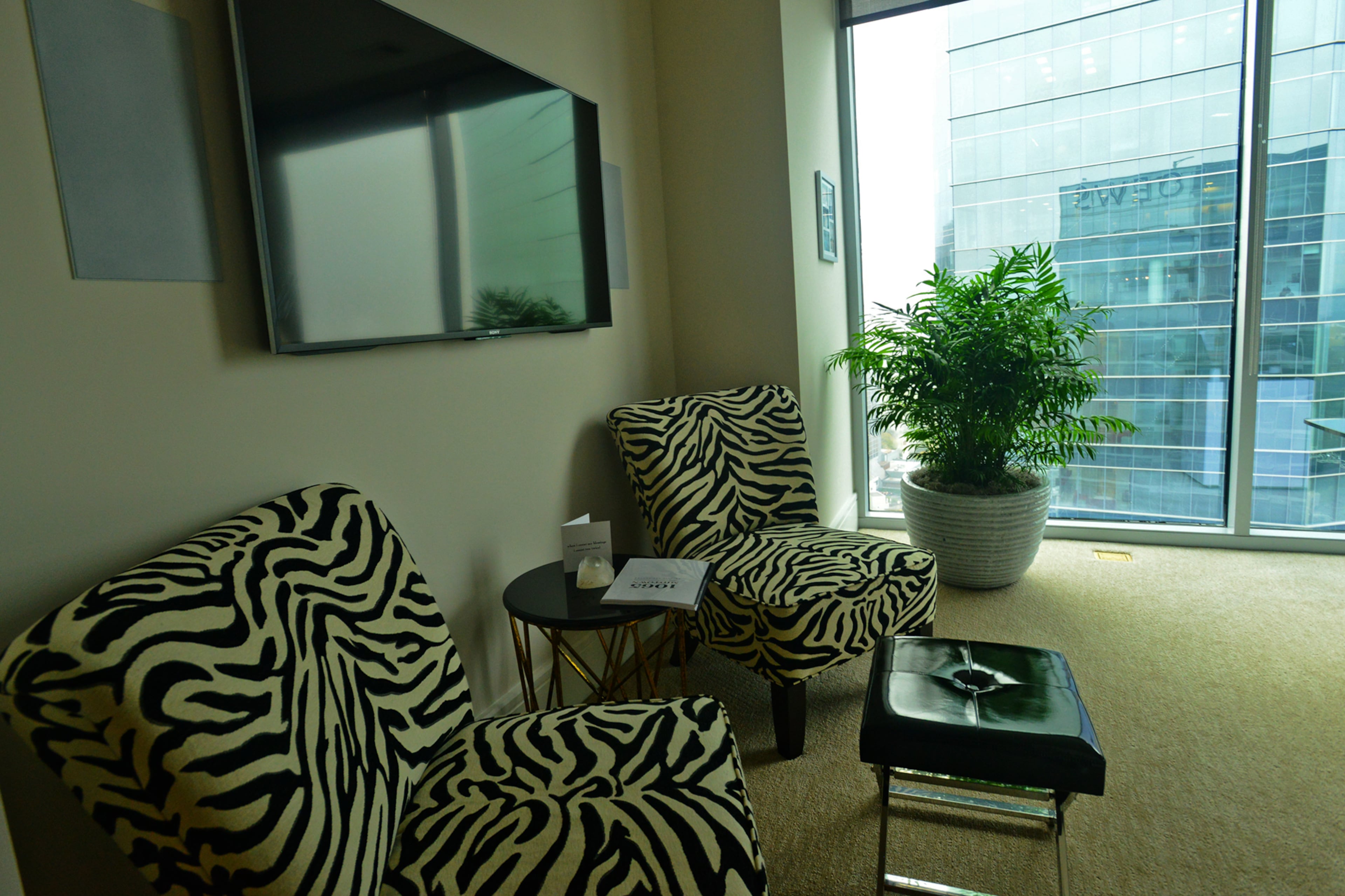 The home office is spacious enough for a sitting area with zebra print chairs from Rooms To Go. Homeowner and entrepreneur Jim Wilson can have his choice of watching the flat screen TV or views from his 36th floor condo in Midtown Atlanta.