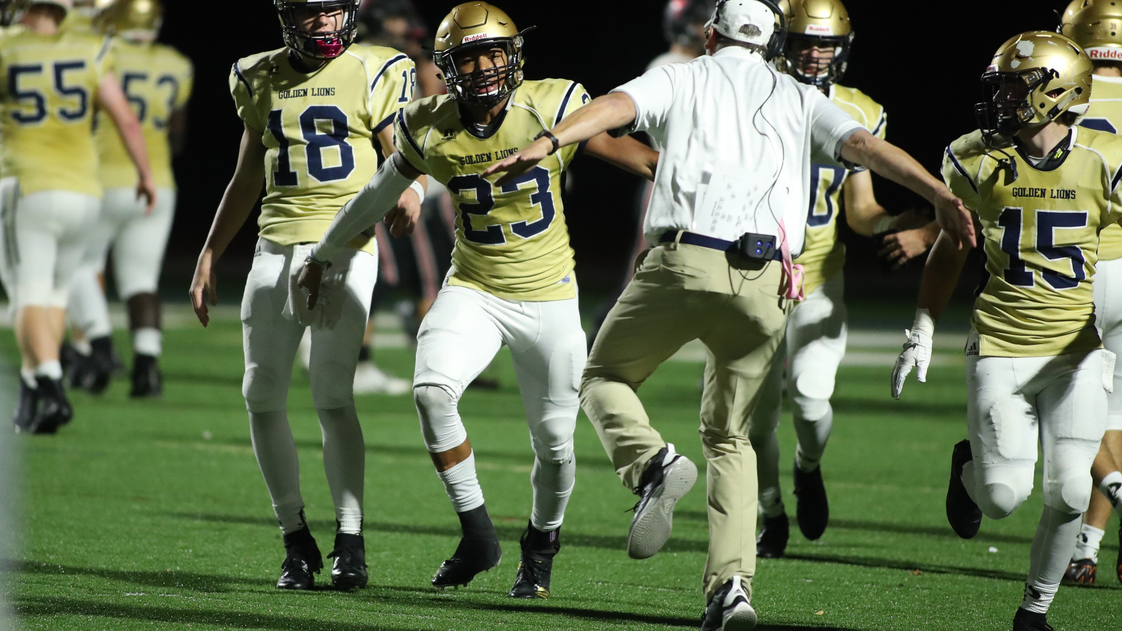 October 12, 2018 - Atlanta: St. Pius defensive back Zachary Ranson (23) celebrates his interception returned for a touchdown in the fourth quarter against North Oconee Friday, October 12, 2018, in Atlanta. The defensive score secured St. Pius' 31-21 win over North Oconee. (JASON GETZ/SPECIAL TO THE AJC)